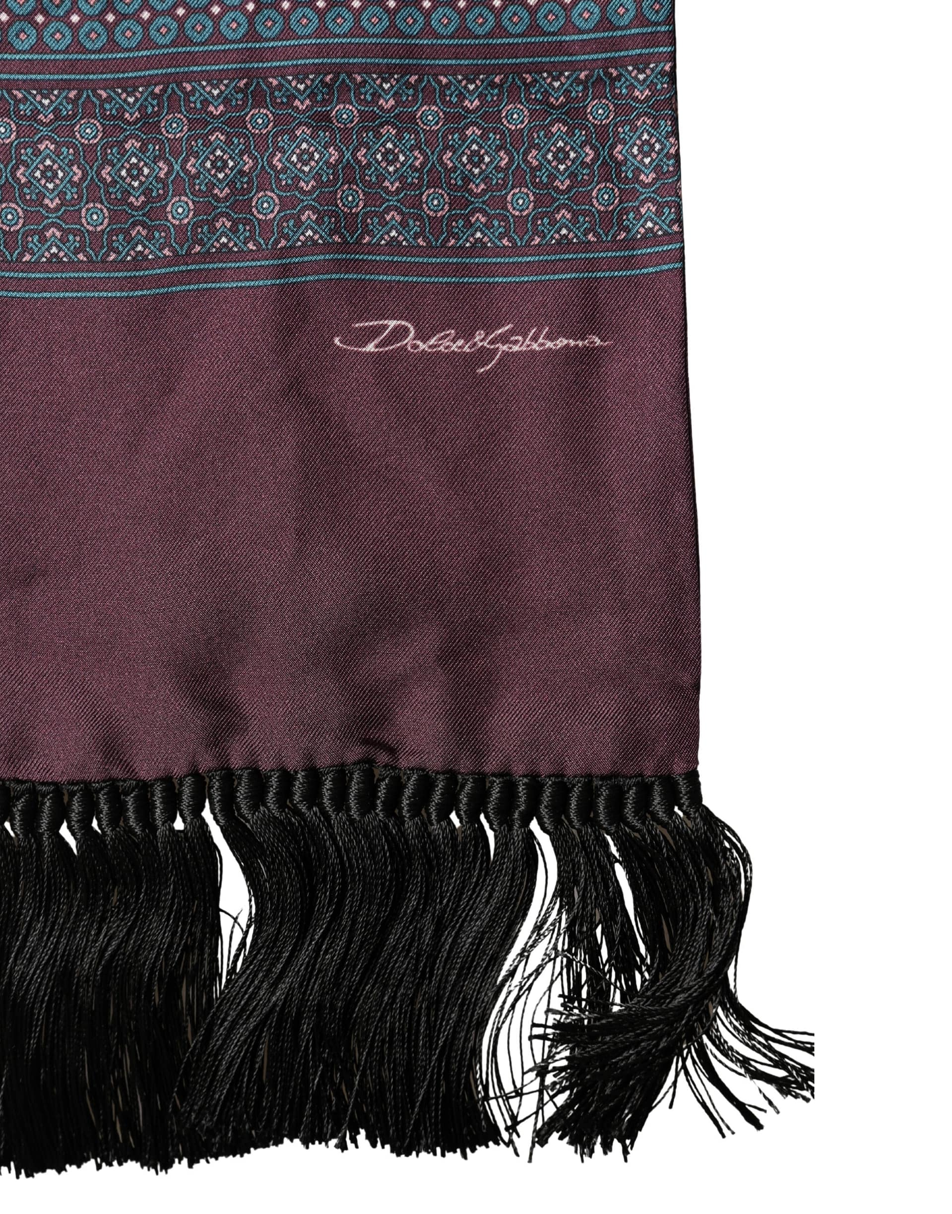 Dolce & Gabbana Bordeaux Silk Fringe Geometric Neck Wrap 142cm X 15cm Scarf - Image 3