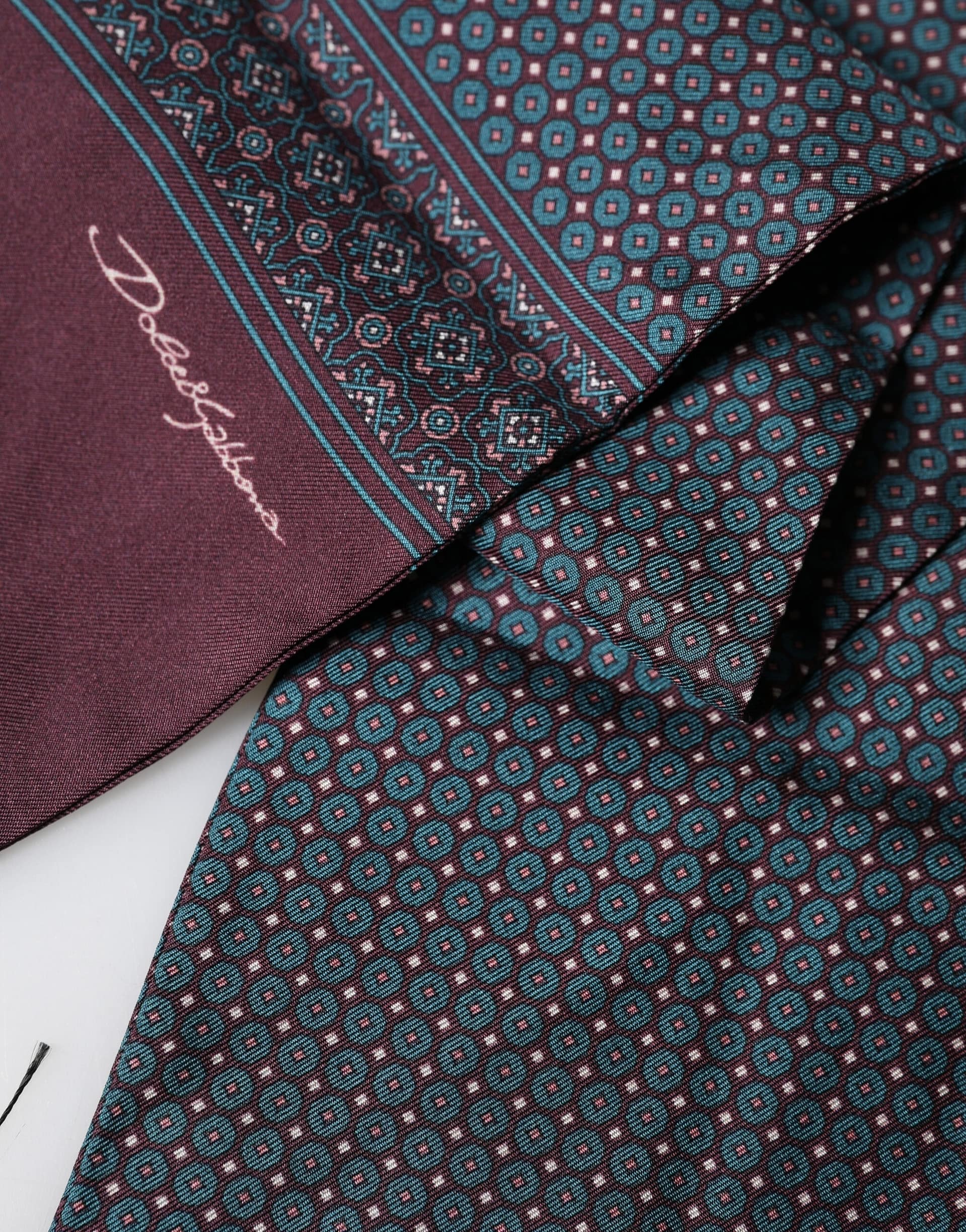 Dolce & Gabbana Bordeaux Silk Fringe Geometric Neck Wrap 142cm X 15cm Scarf - Image 4