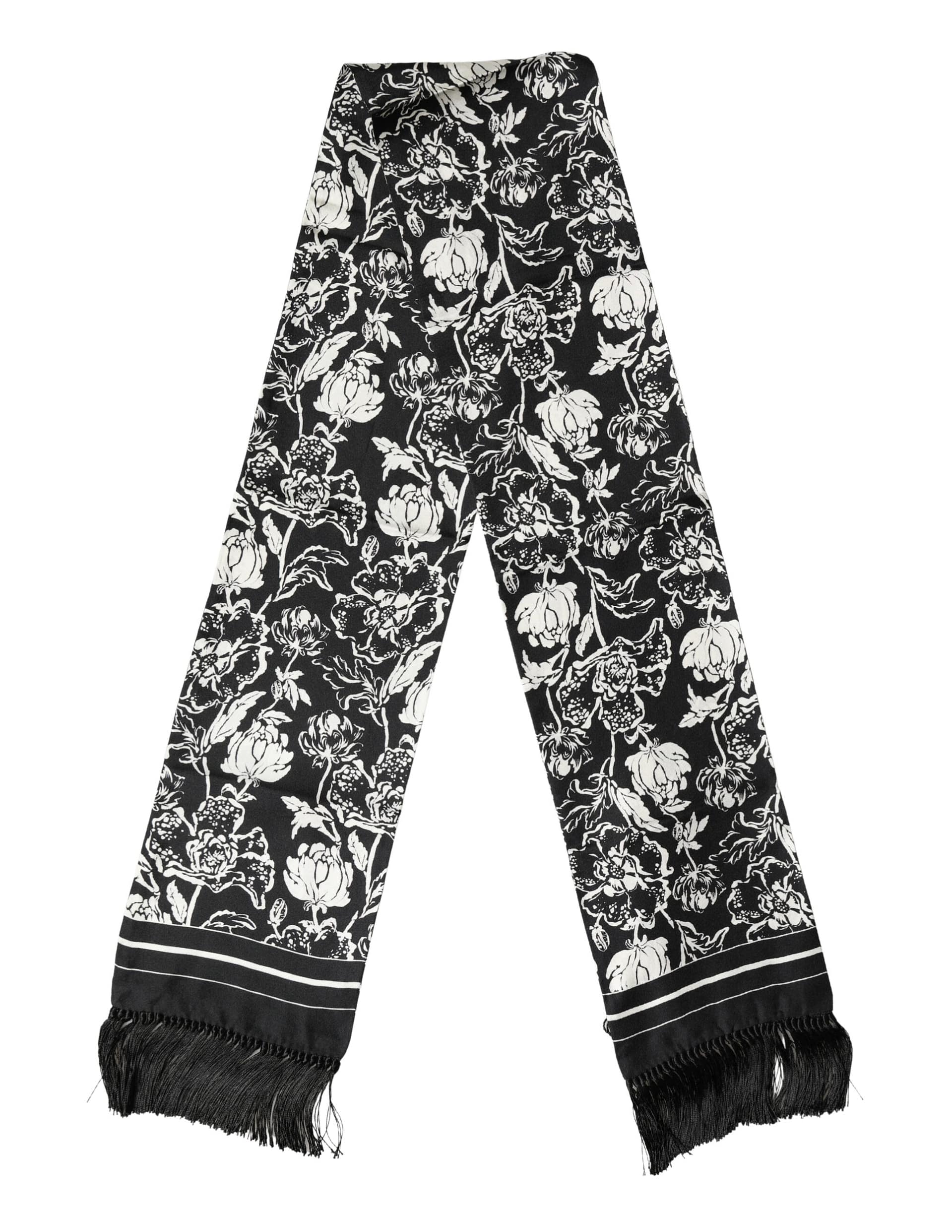 Dolce & Gabbana Black White Silk Floral Print Fringe 136cm X 15.5cm Scarf - Image 2