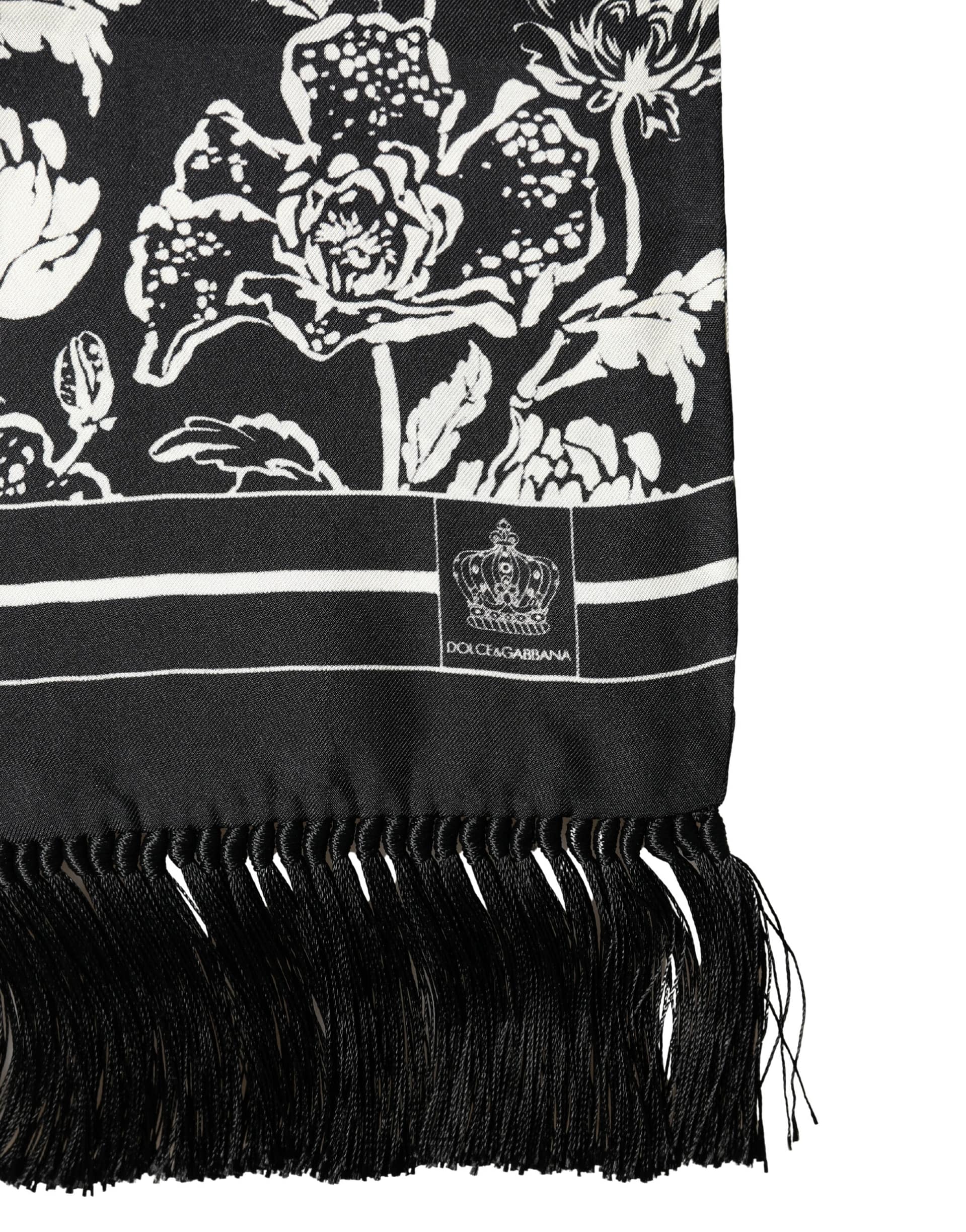Dolce & Gabbana Black White Silk Floral Print Fringe 136cm X 15.5cm Scarf - Image 4
