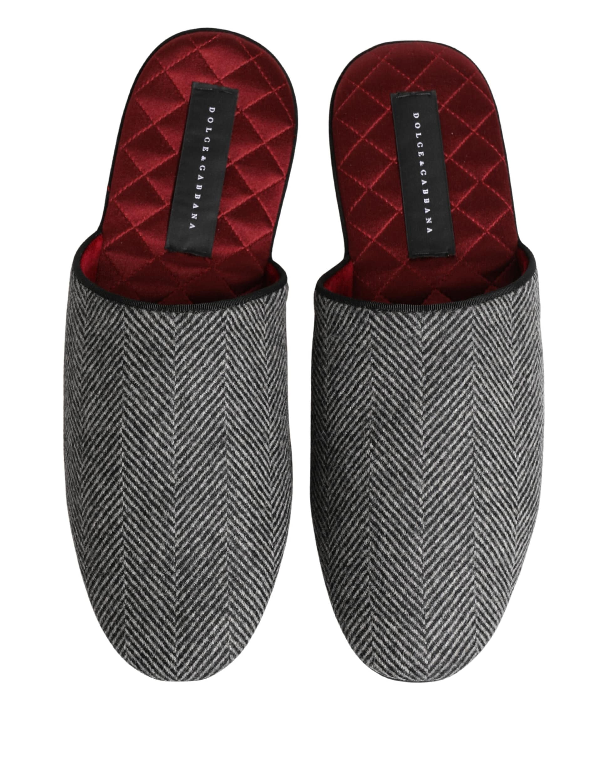 Dolce & Gabbana Grey Herringbone Cashmere Red Slippers Shoes - Image 4