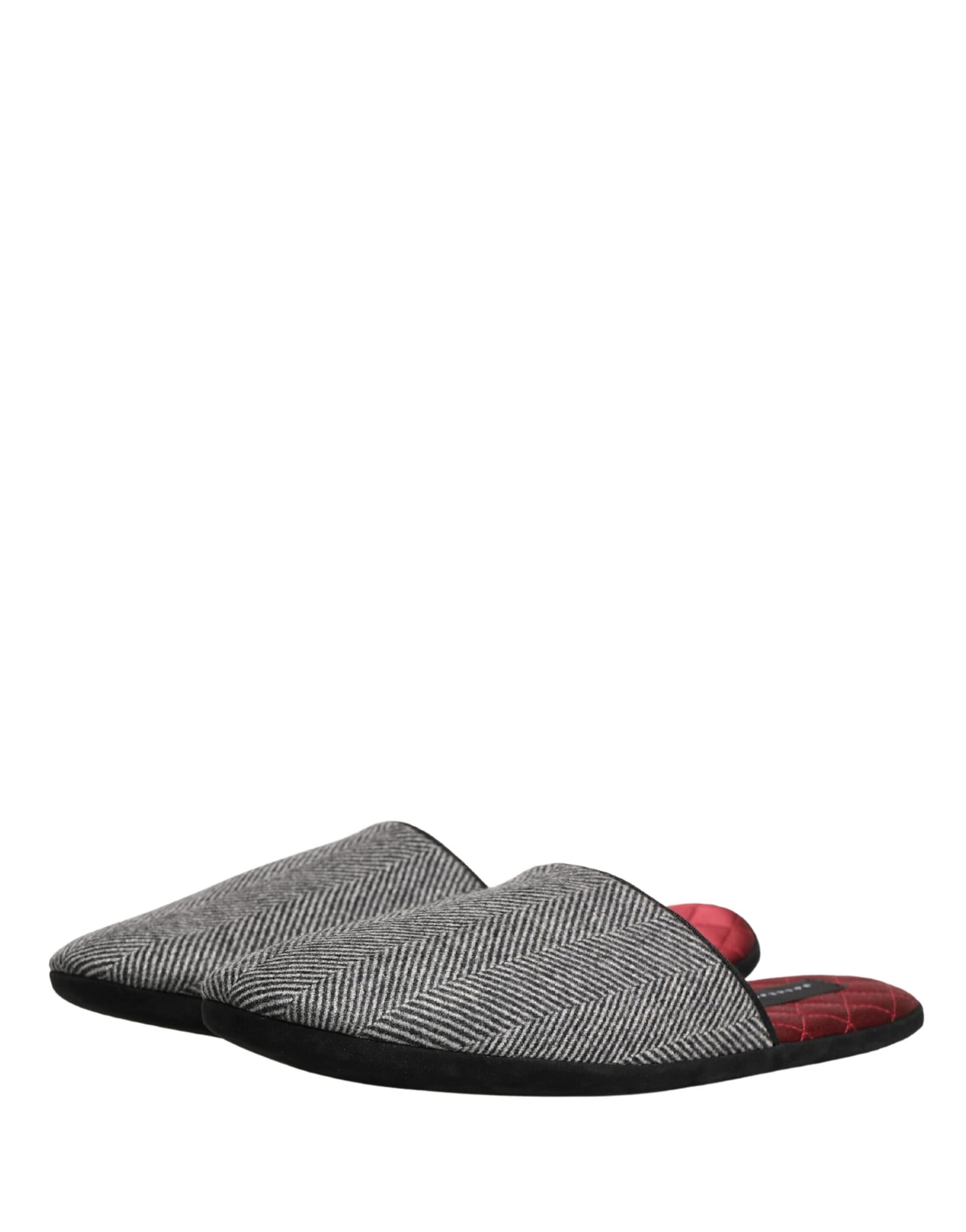 Dolce & Gabbana Grey Herringbone Cashmere Red Slippers Shoes - Image 5
