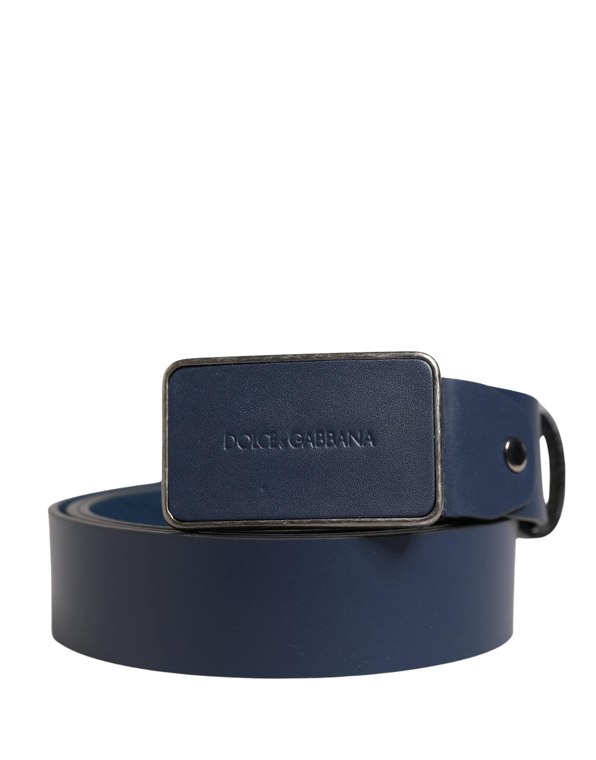 Dolce & Gabbana Blue Leather Logo Metal Buckle Men Belt - Image 2
