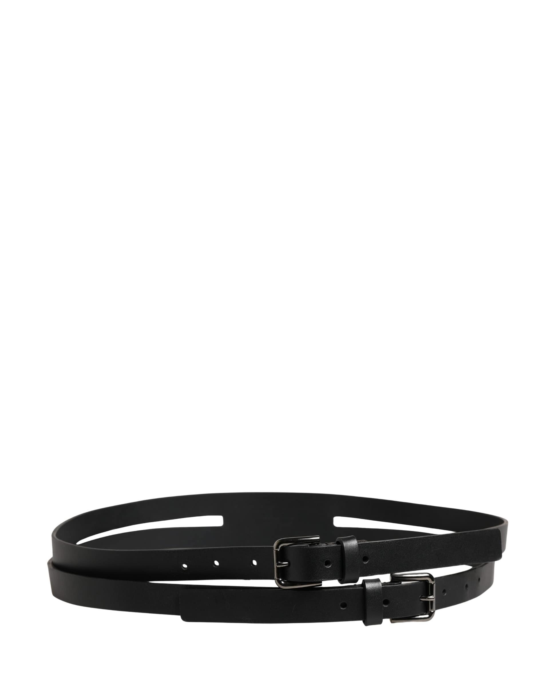 Dolce & Gabbana Black Double Strap Leather Silver Buckle Belt - Image 3