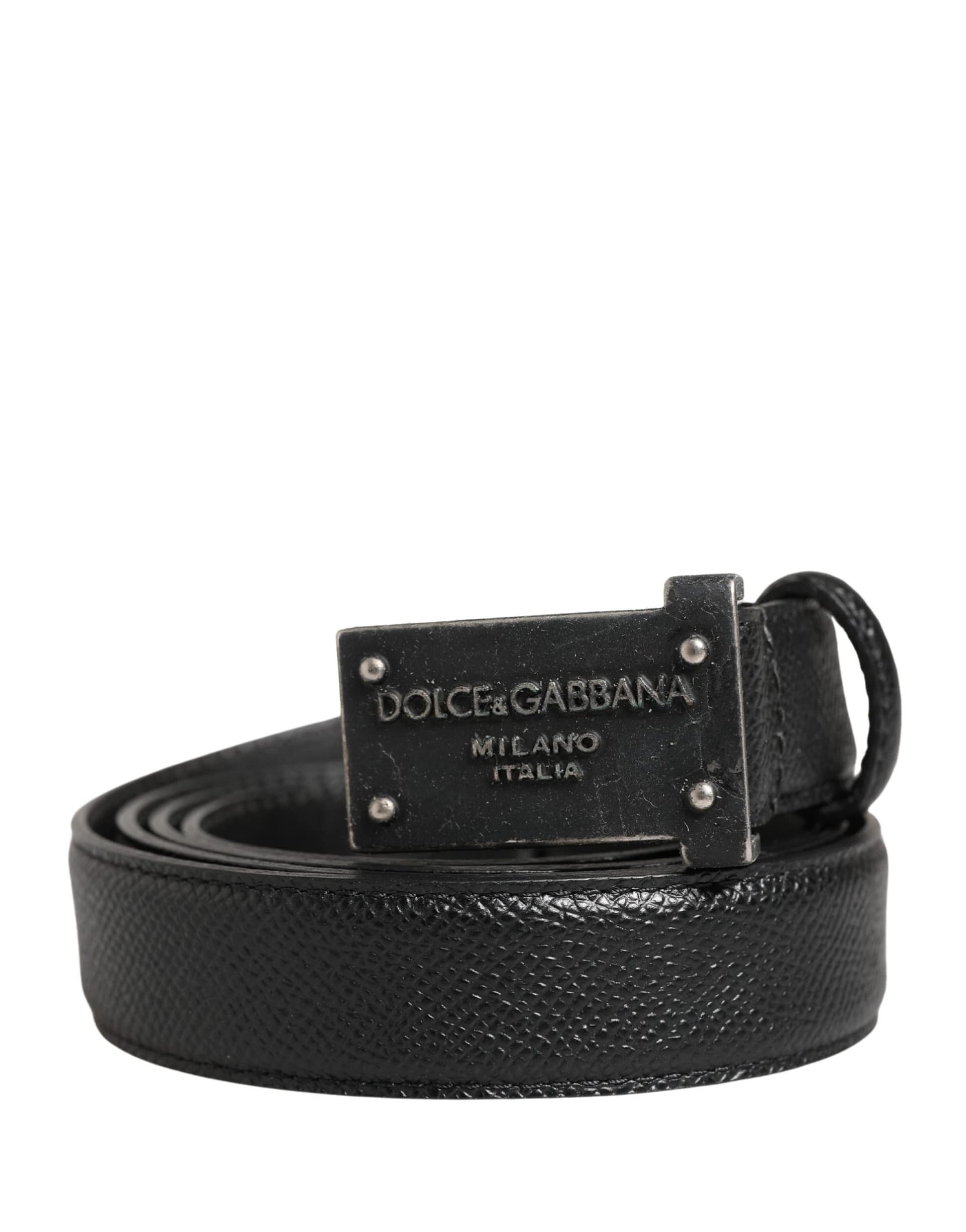 Dolce & Gabbana Men Black Calf Leather Logo Metal Buckle Belt - Image 2