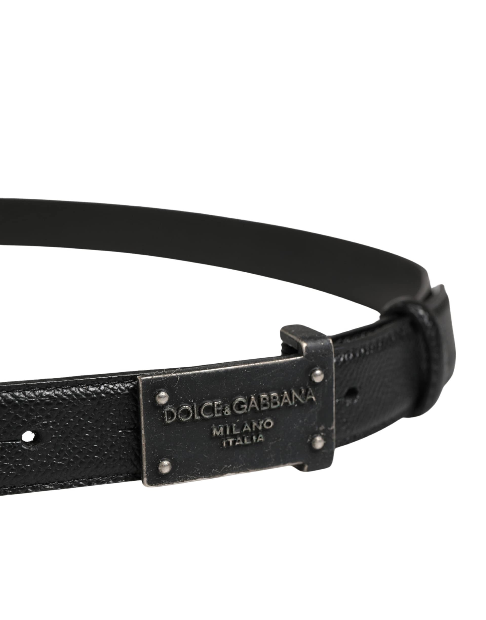 Dolce & Gabbana Men Black Calf Leather Logo Metal Buckle Belt - Image 4