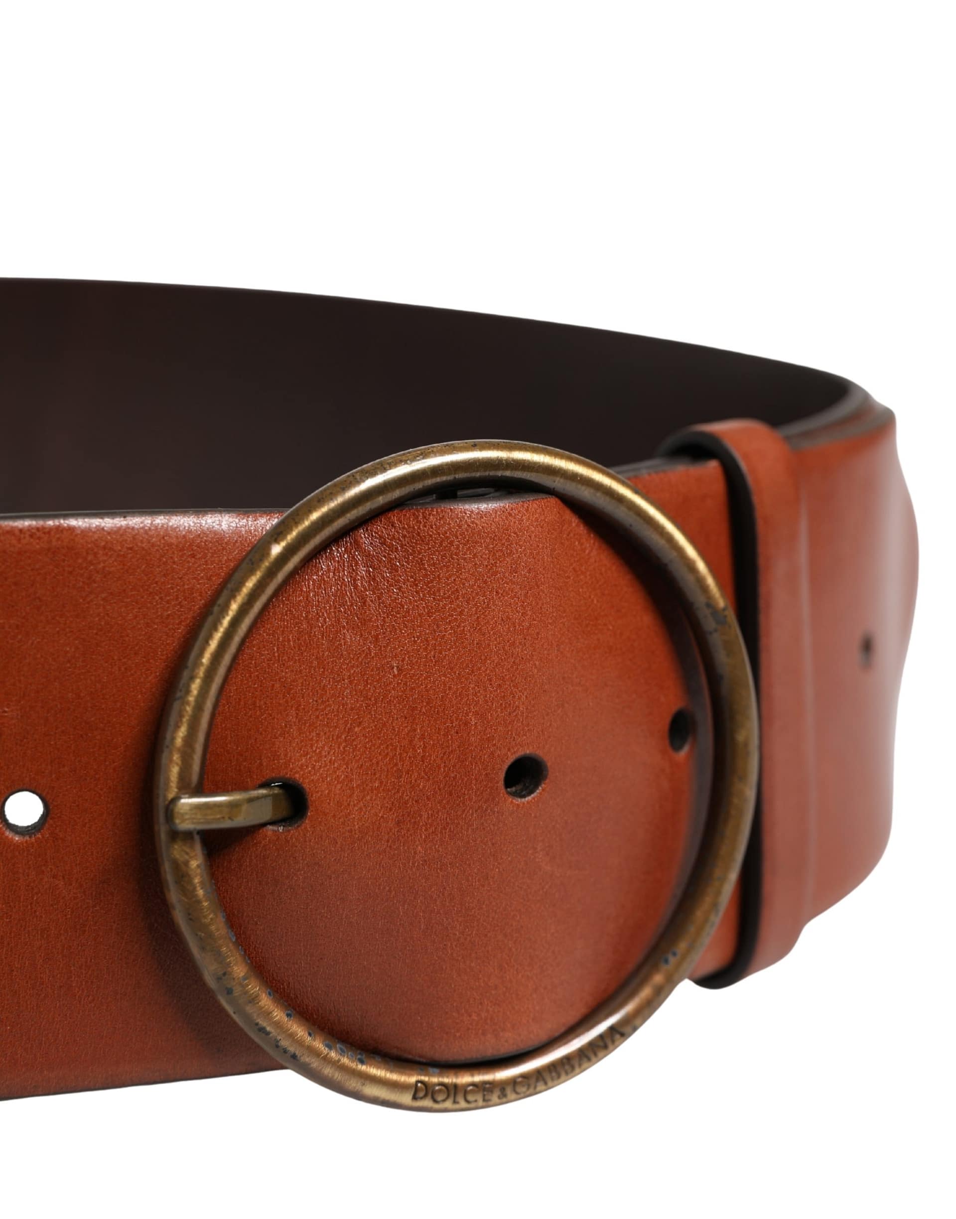 Dolce & Gabbana Men Brown Leather Wide Waist Metal Round Buckle Belt - Image 4