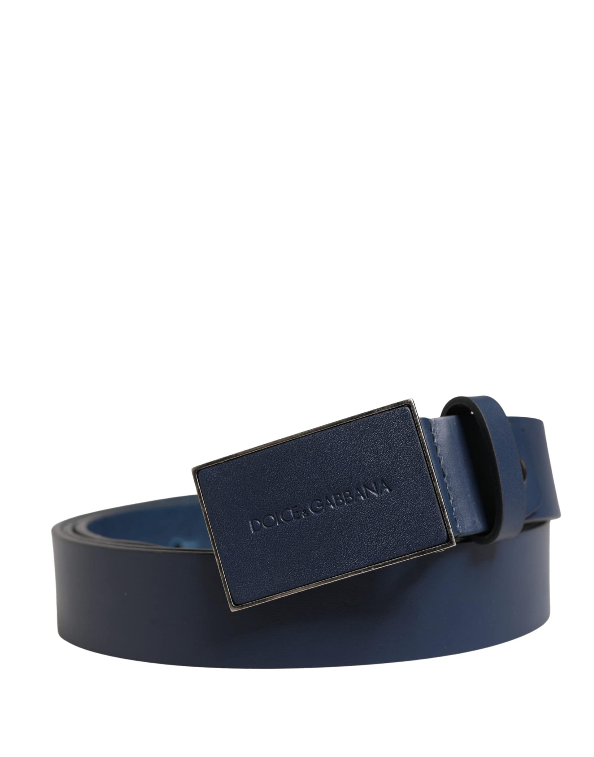 Dolce & Gabbana Men Blue Calf Leather Logo Metal Buckle Belt - Image 2
