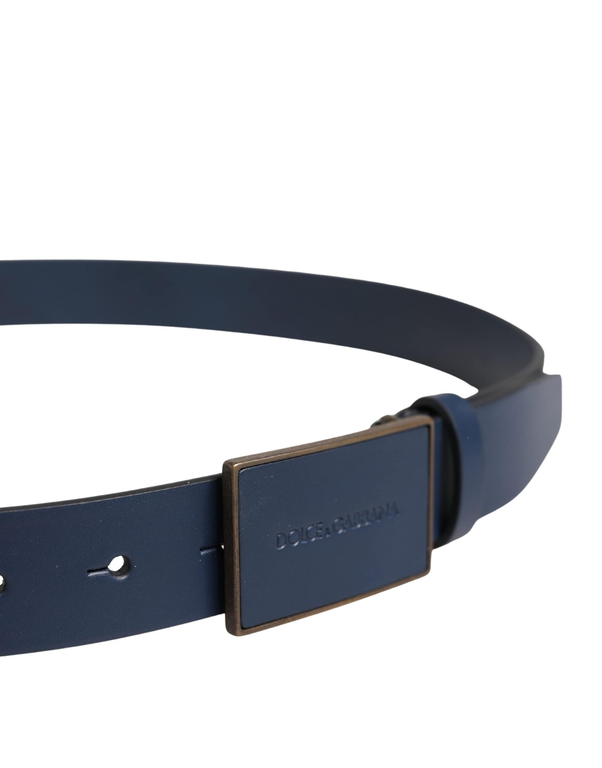 Dolce & Gabbana Men Blue Calf Leather Logo Metal Buckle Belt - Image 4