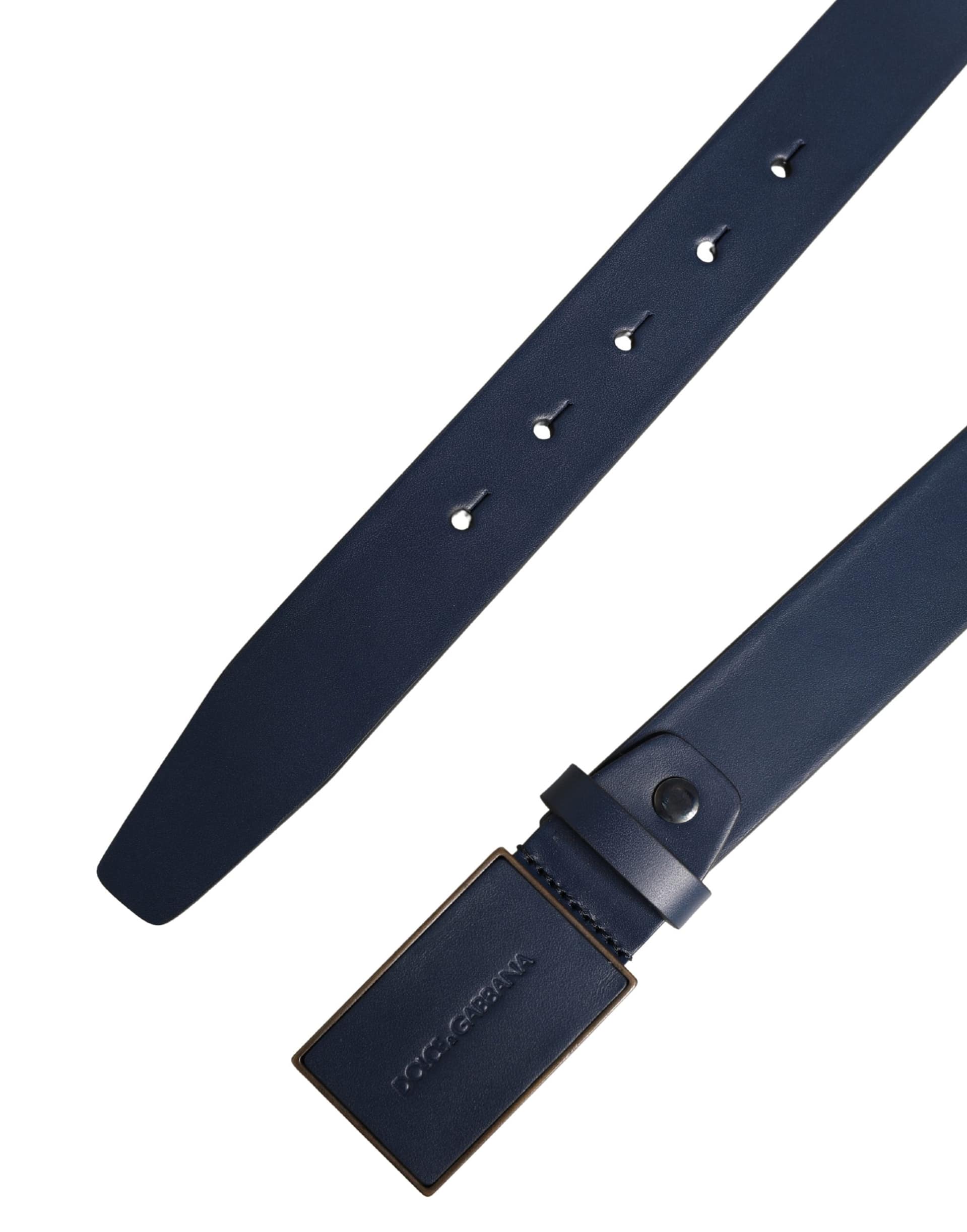 Dolce & Gabbana Men Blue Calf Leather Logo Metal Buckle Belt - Image 7