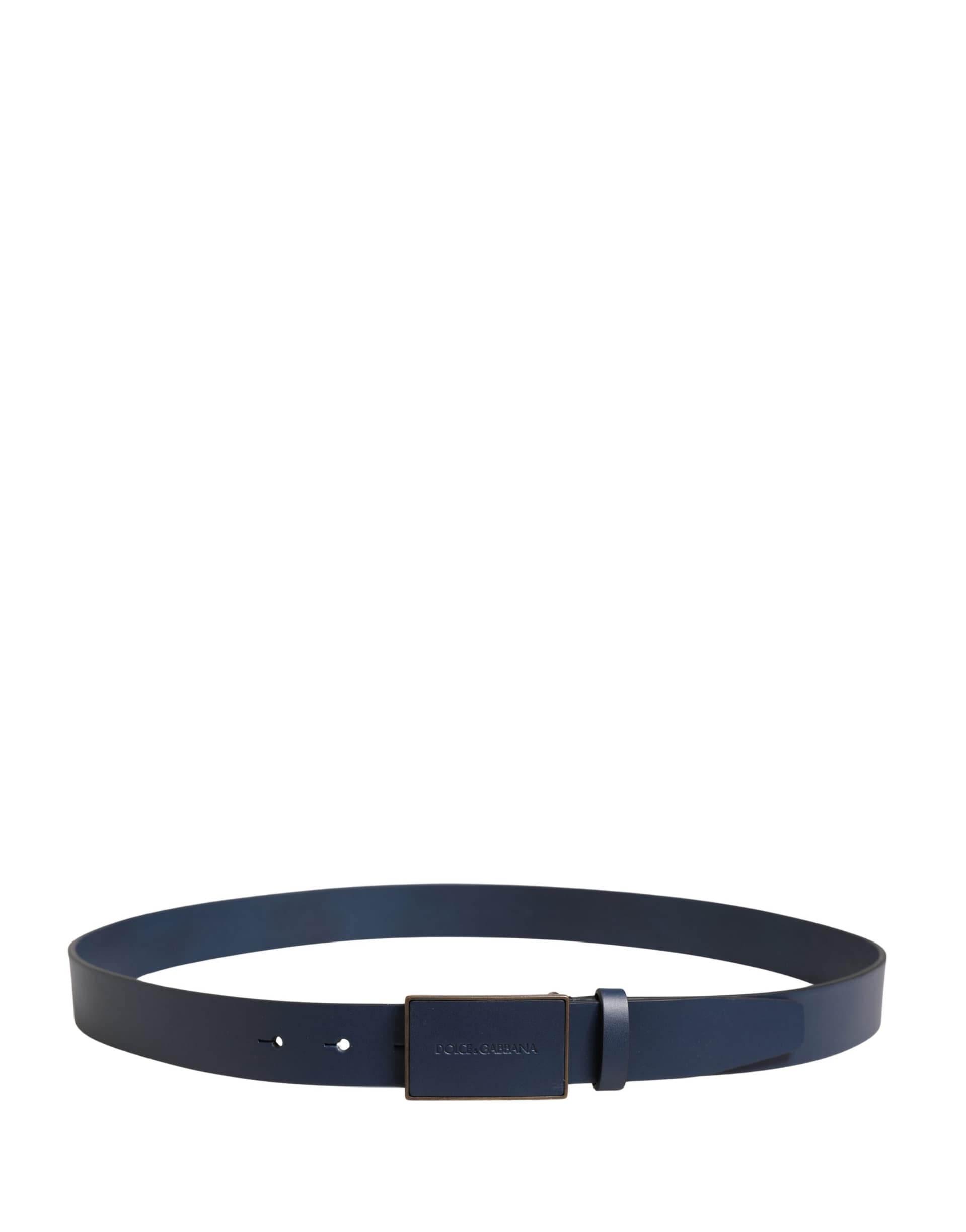 Dolce & Gabbana Men Blue Calf Leather Logo Metal Buckle Belt - Image 3