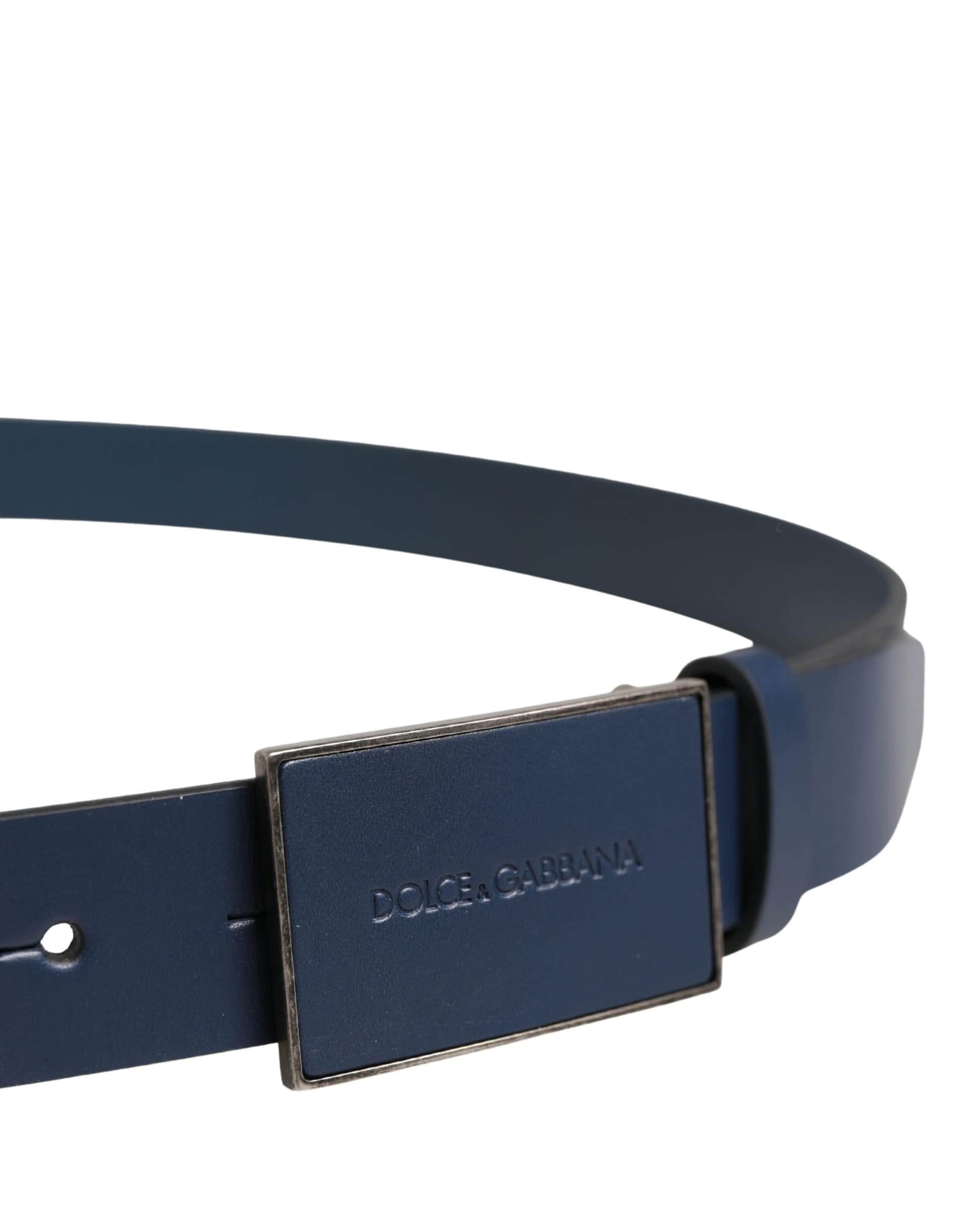 Dolce & Gabbana Men Blue Calf Leather Logo Metal Buckle Belt - Image 4
