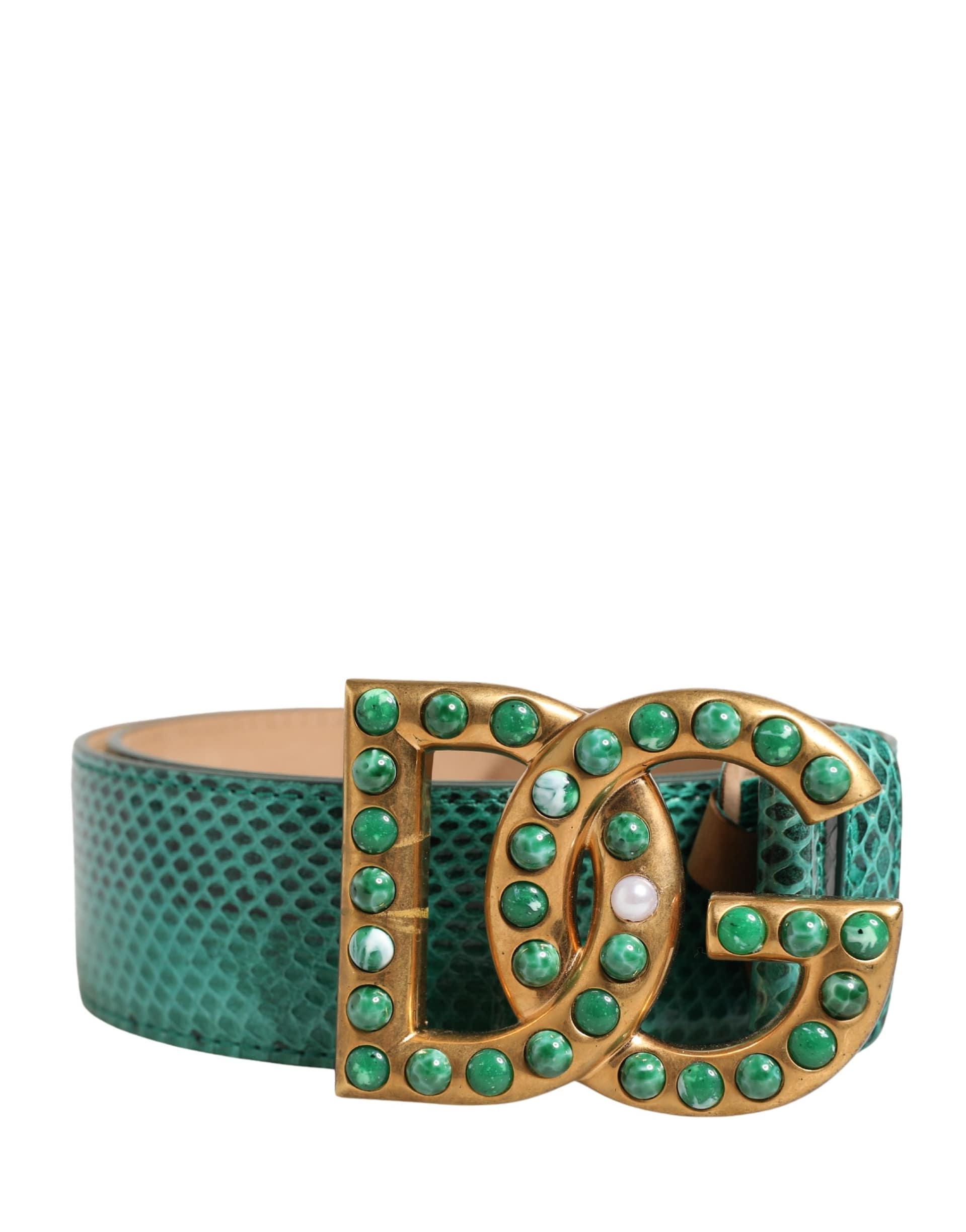 Dolce & Gabbana Green Leather DG Logo Embellished Buckle Belt - Image 2