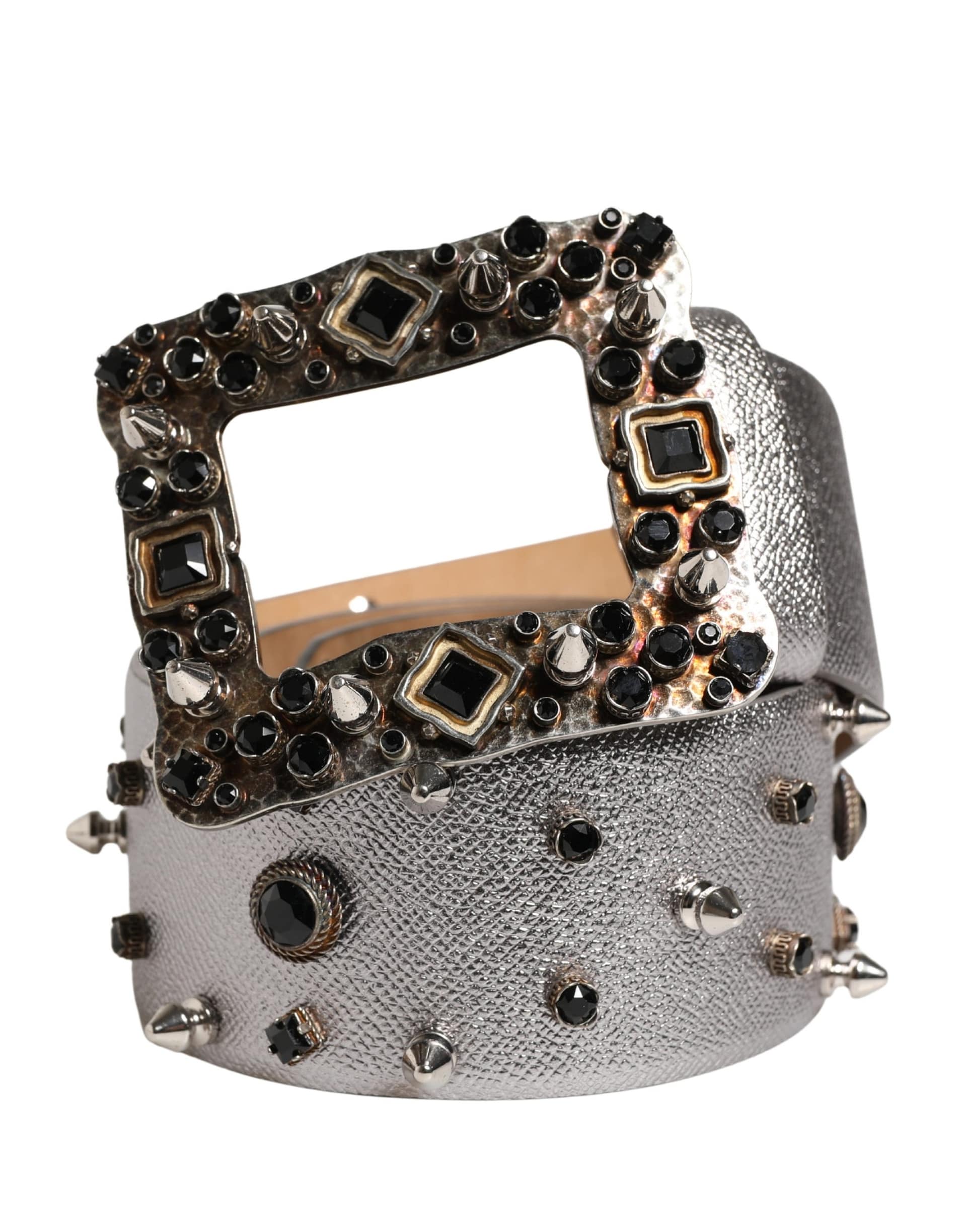 Dolce & Gabbana Silver Leather Crystal Metal Buckle Belt - Image 2