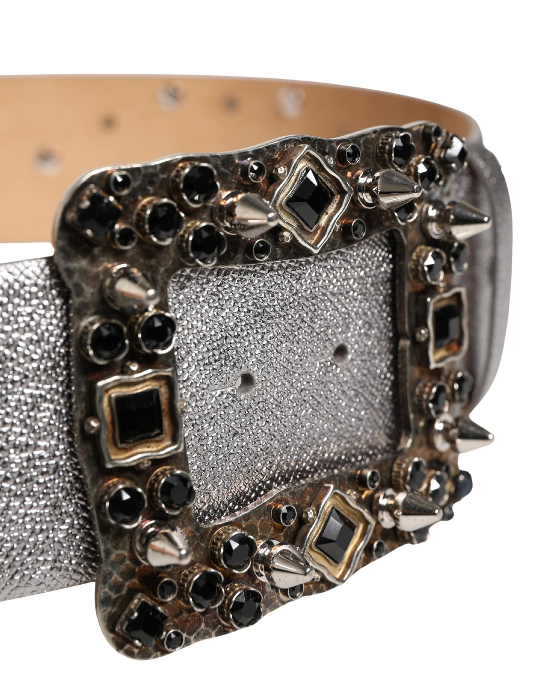 Dolce & Gabbana Silver Leather Crystal Metal Buckle Belt - Image 4