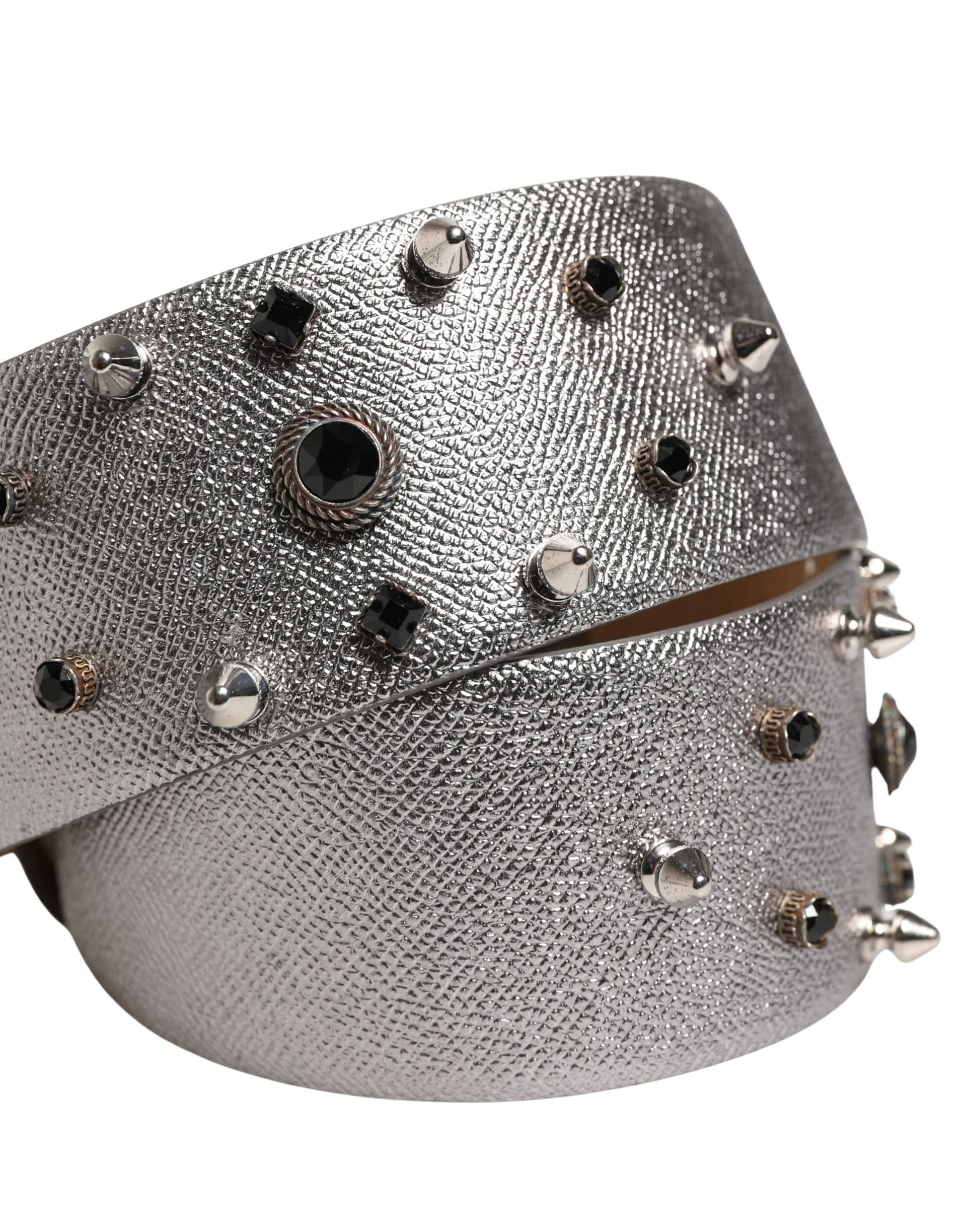 Dolce & Gabbana Silver Leather Crystal Metal Buckle Belt - Image 5