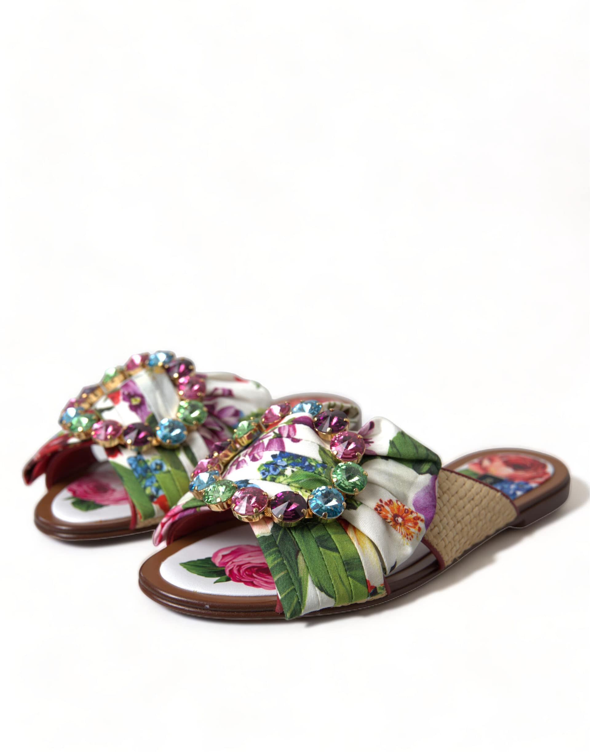Dolce & Gabbana Multicolor Floral Flats Crystal Sandals Shoes - Image 3