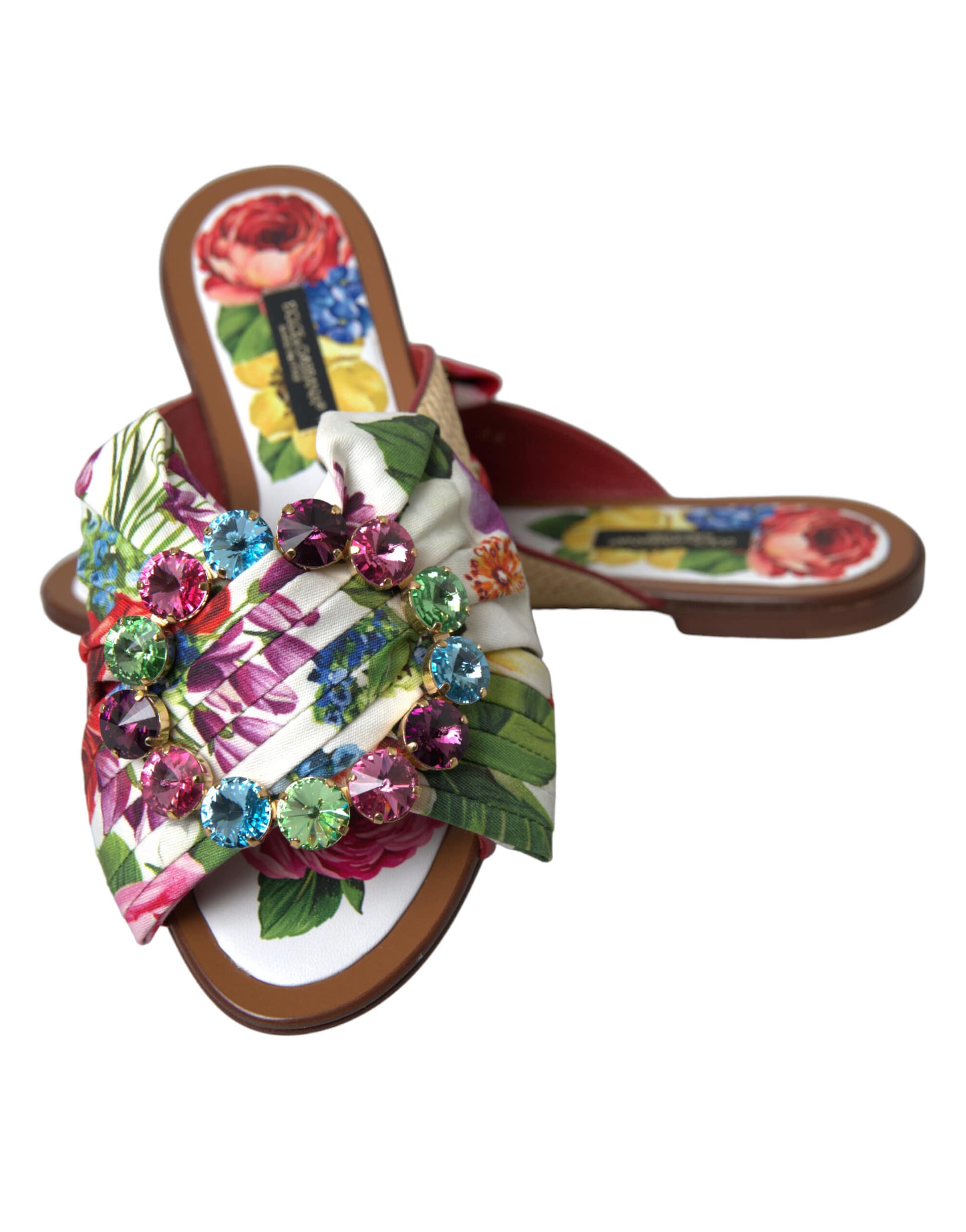Dolce & Gabbana Multicolor Floral Flats Crystal Sandals Shoes - Image 8