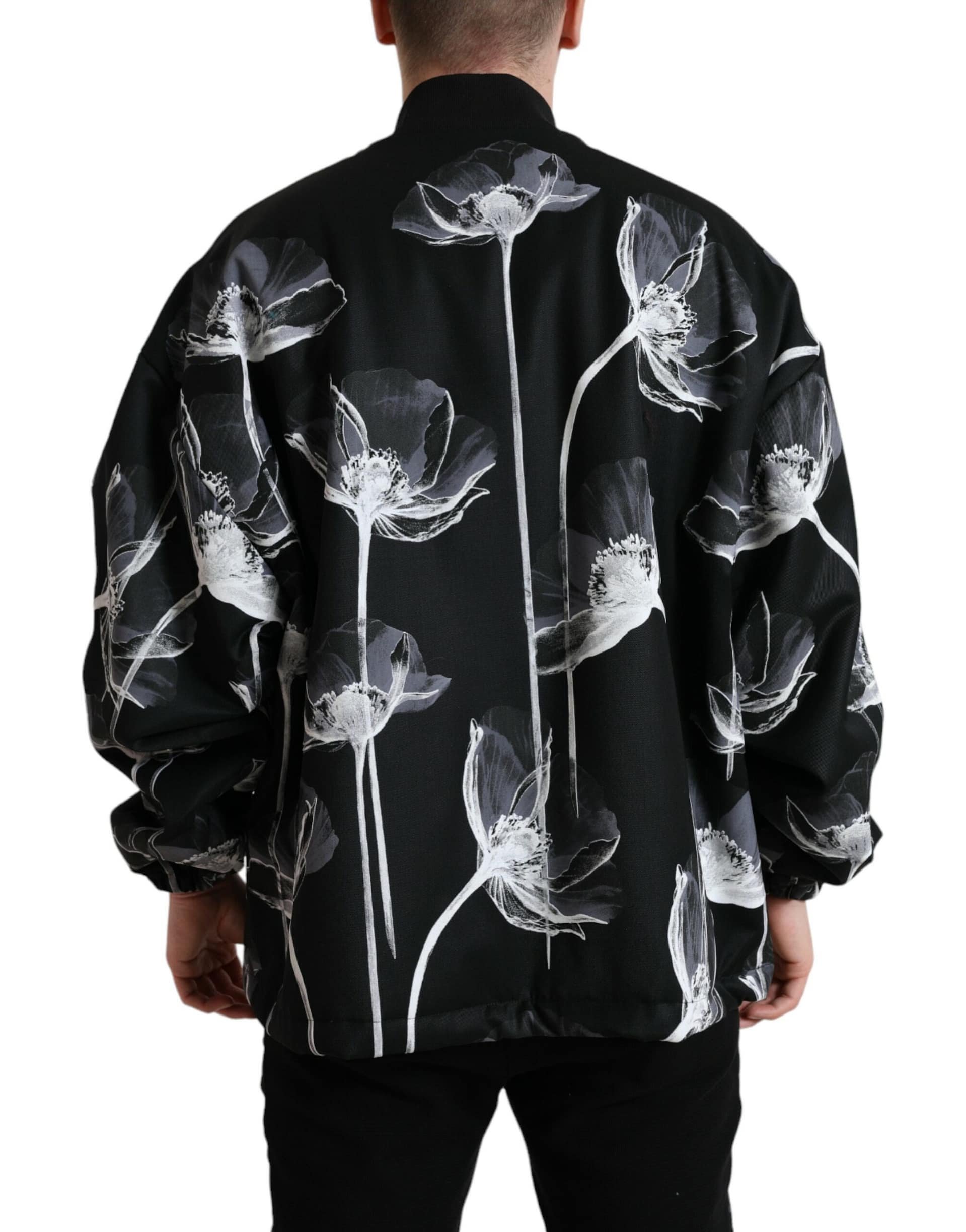 Dolce & Gabbana Black Floral Print Wool Button Down Bomber Jacket - Image 3