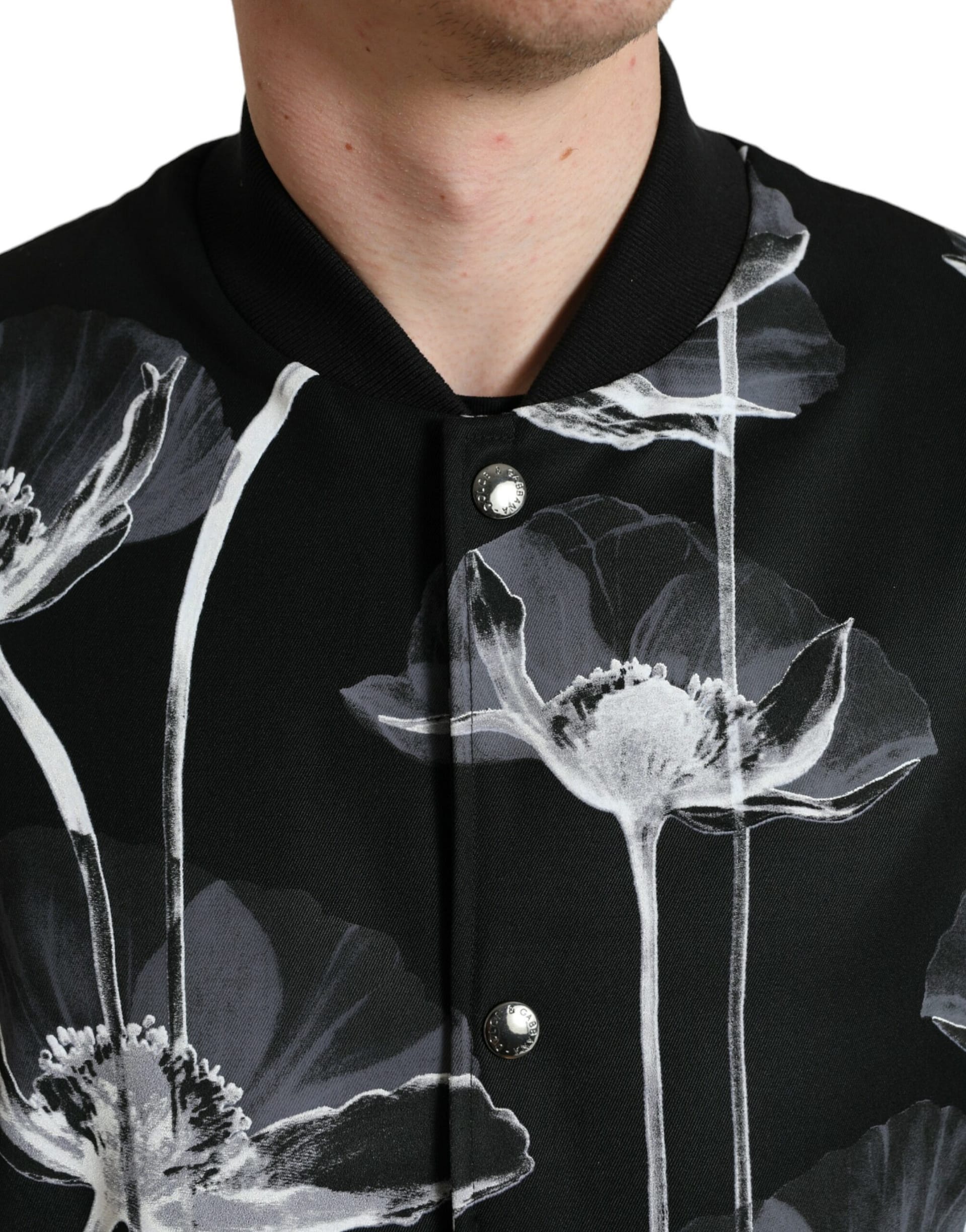 Dolce & Gabbana Black Floral Print Wool Button Down Bomber Jacket - Image 4