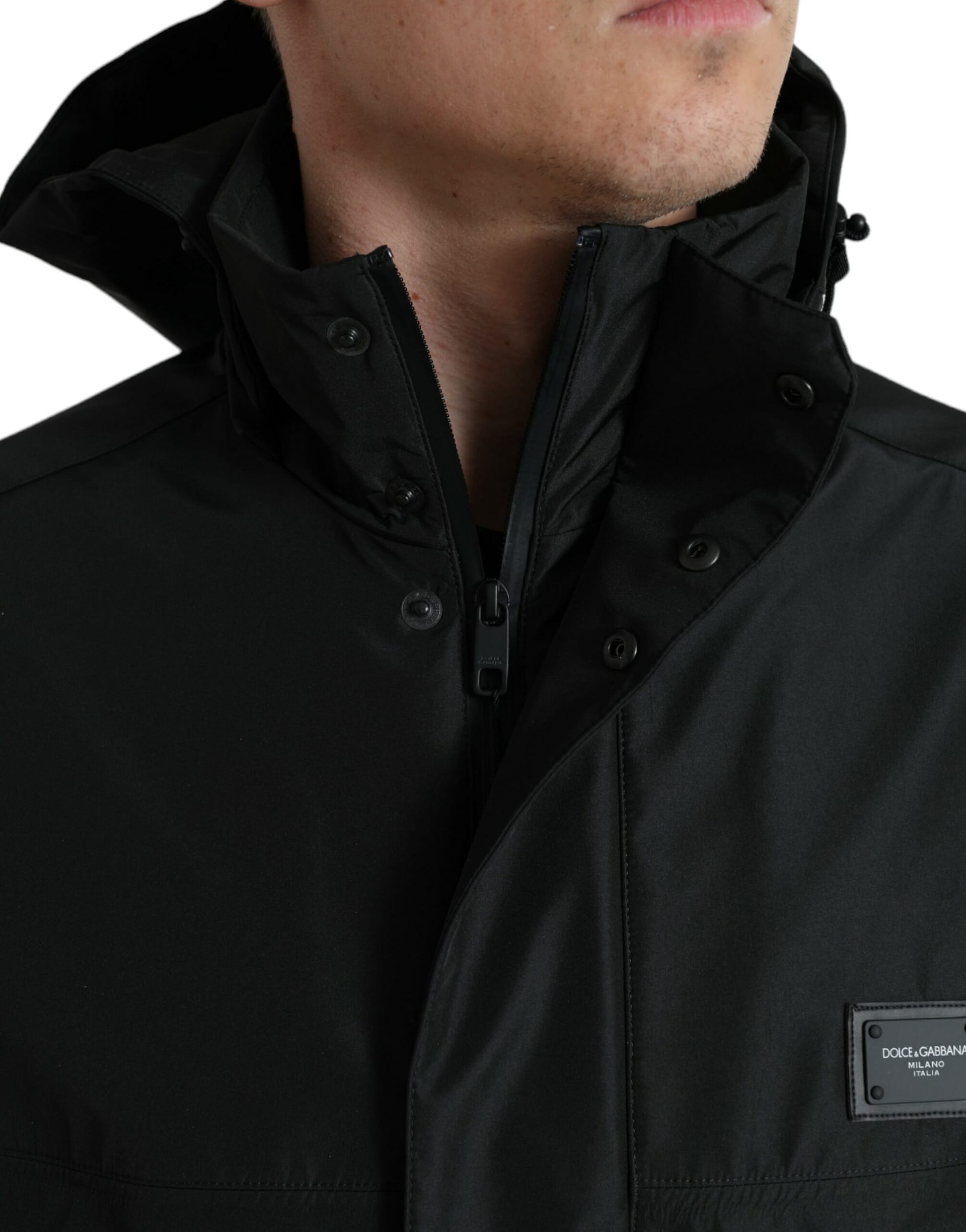 Dolce & Gabbana Black Polyester Logo Plaque Hooded Jacket - Image 4
