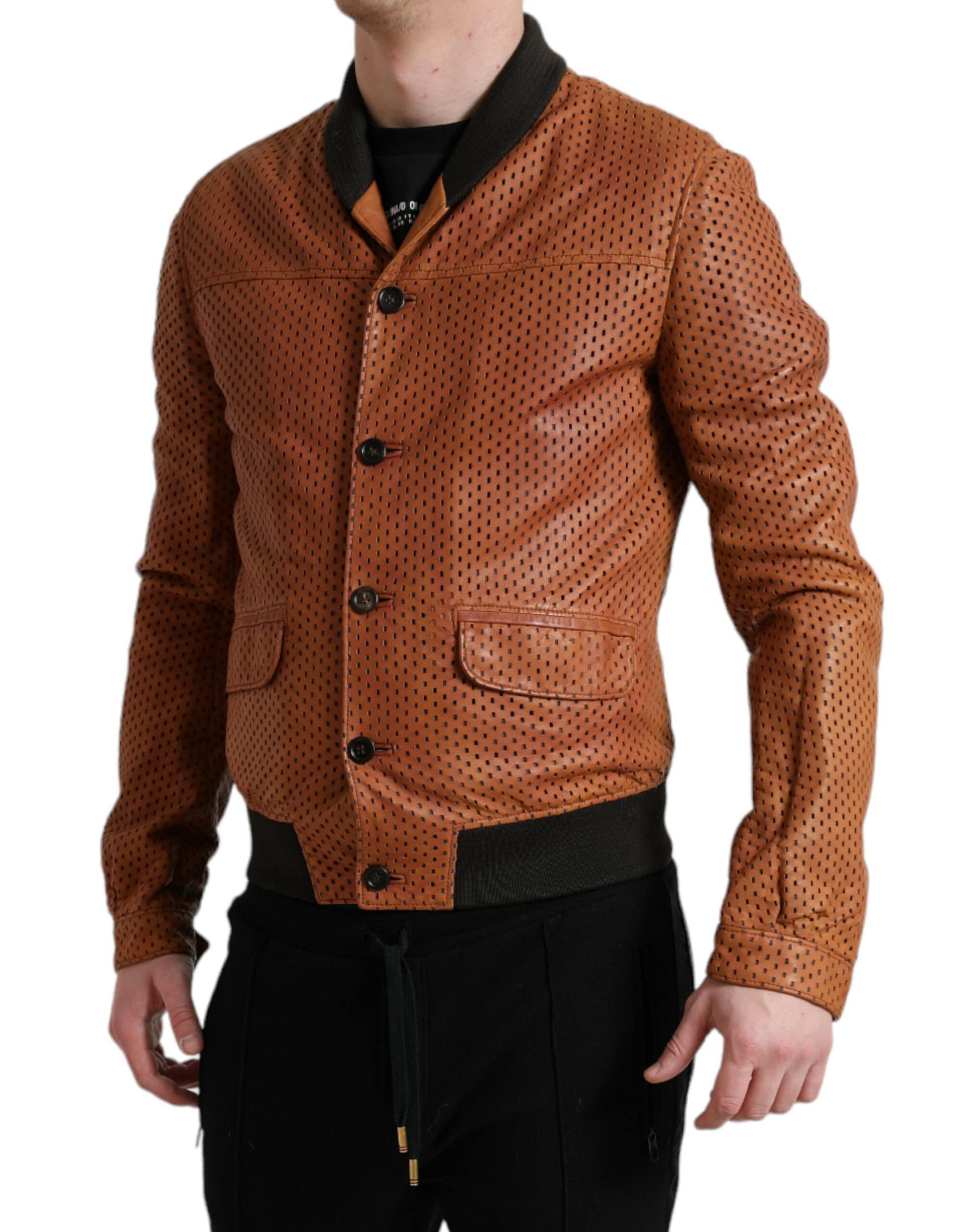 Dolce & Gabbana Brown Lambskin Leather Perforated Jacket - Image 2