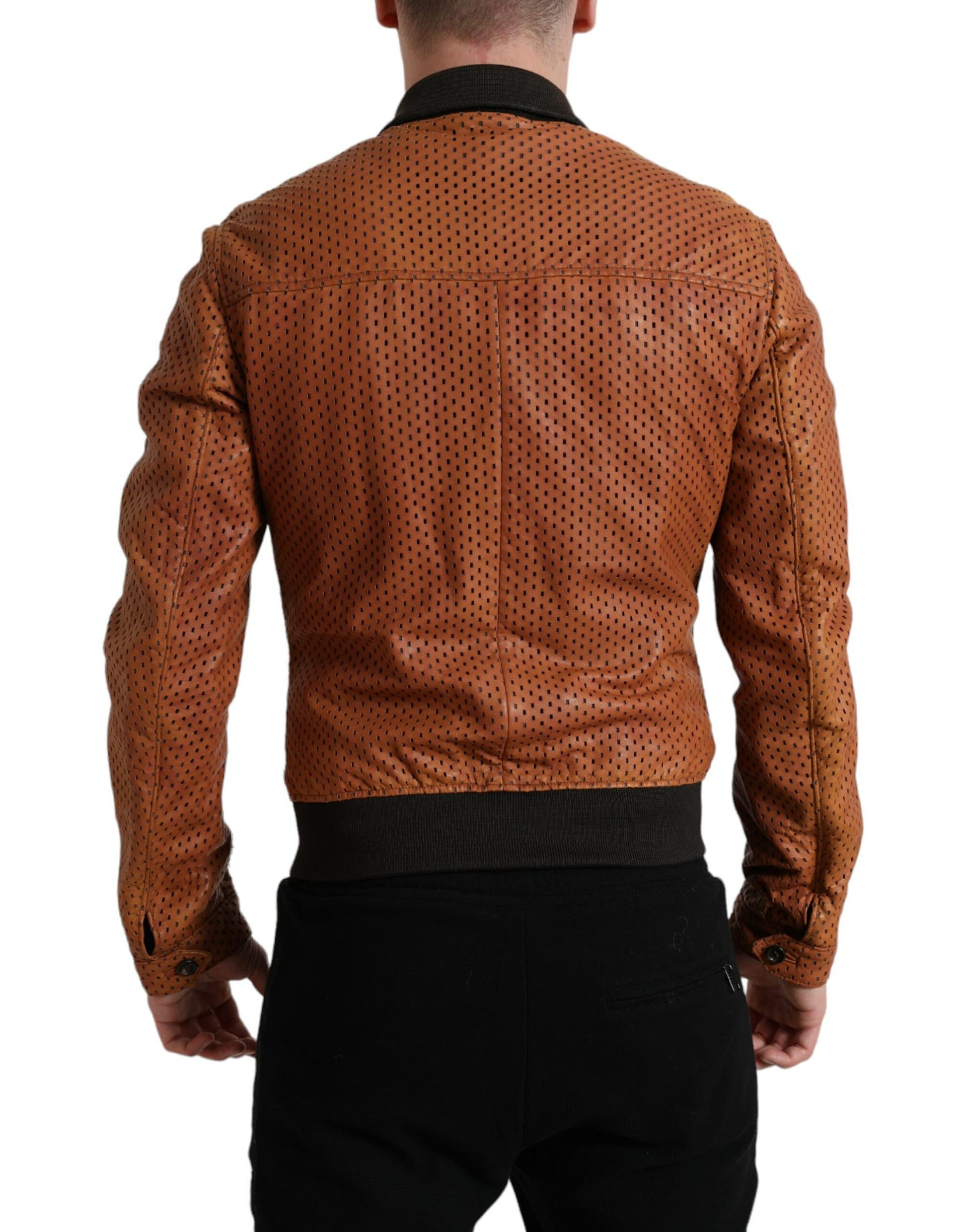 Dolce & Gabbana Brown Lambskin Leather Perforated Jacket - Image 3