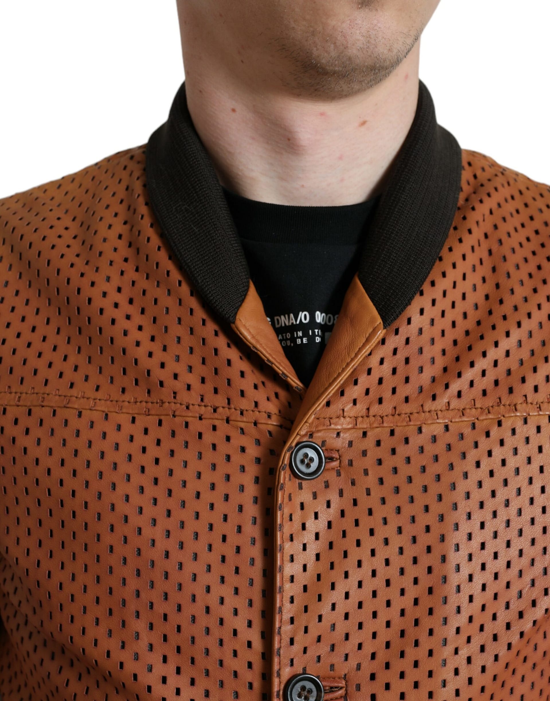 Dolce & Gabbana Brown Lambskin Leather Perforated Jacket - Image 4