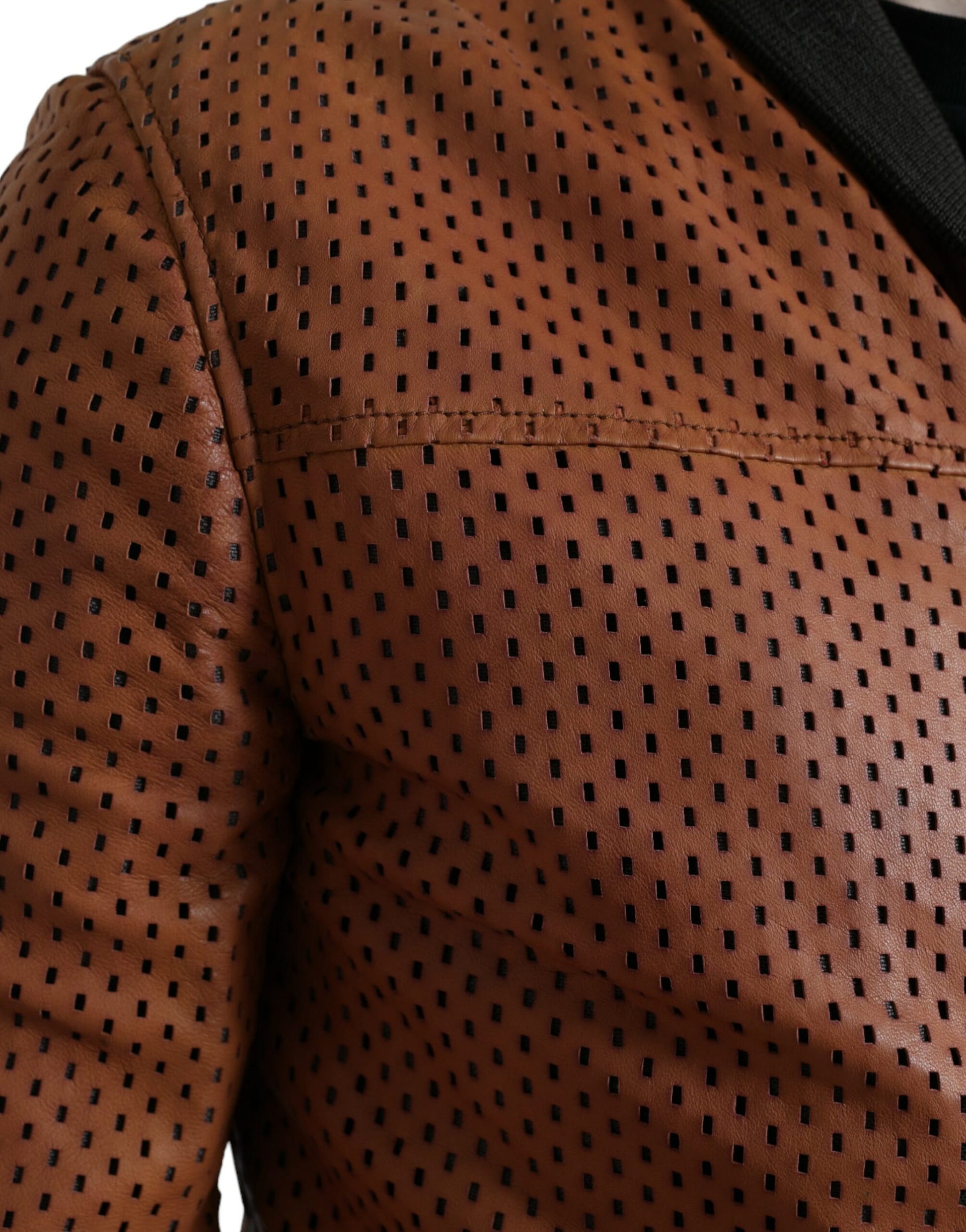 Dolce & Gabbana Brown Lambskin Leather Perforated Jacket - Image 5