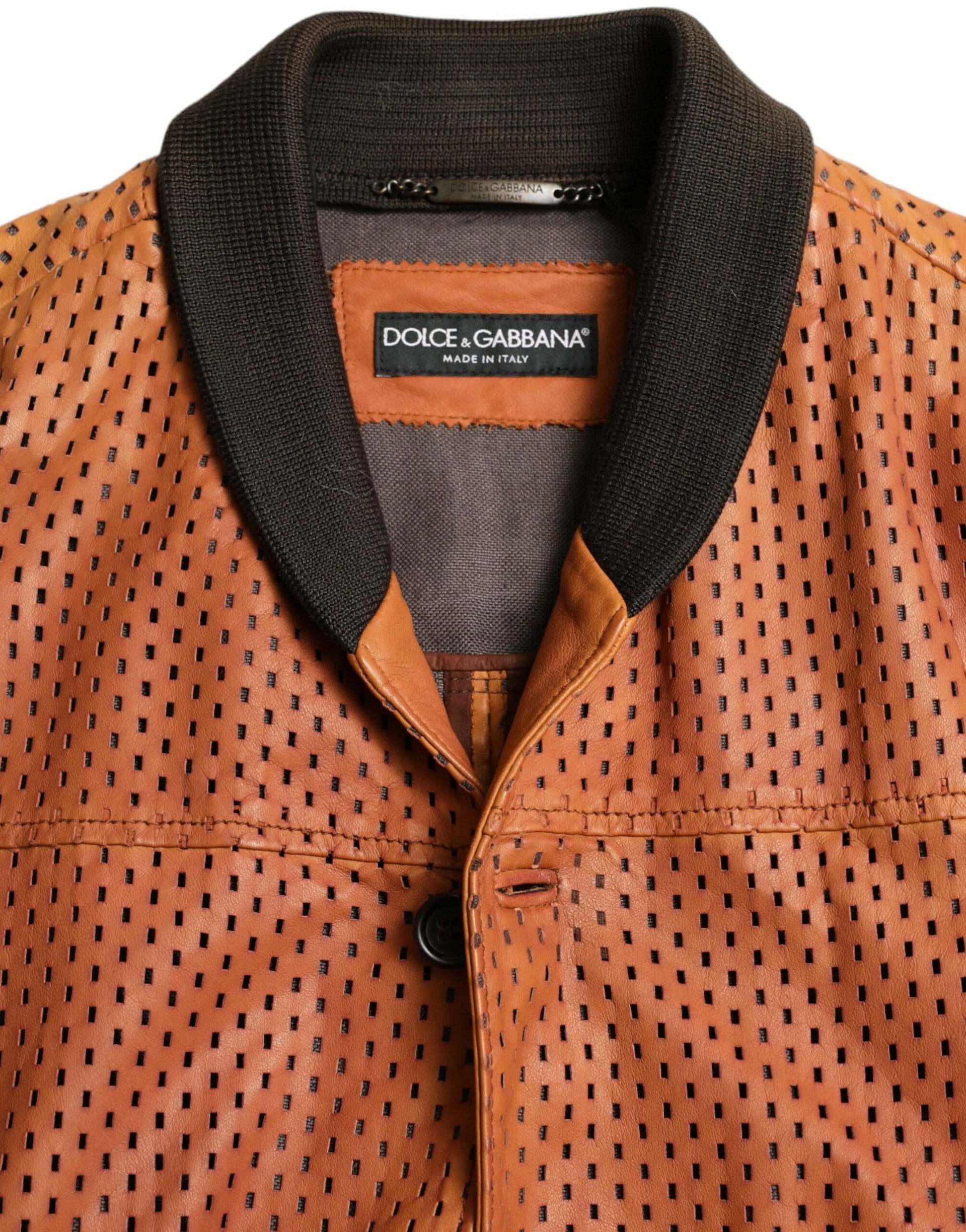 Dolce & Gabbana Brown Lambskin Leather Perforated Jacket - Image 6