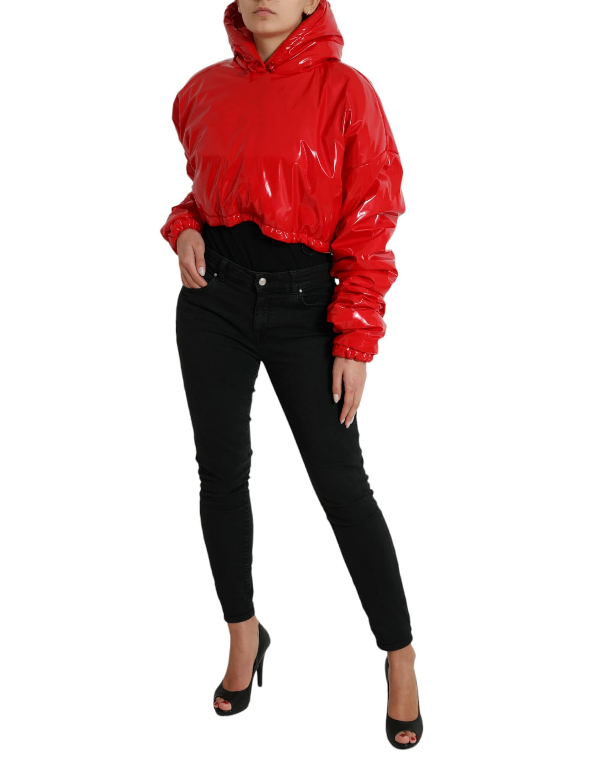 Dolce & Gabbana Shiny Red Hooded Cropped Short Coat Jacket - Image 2
