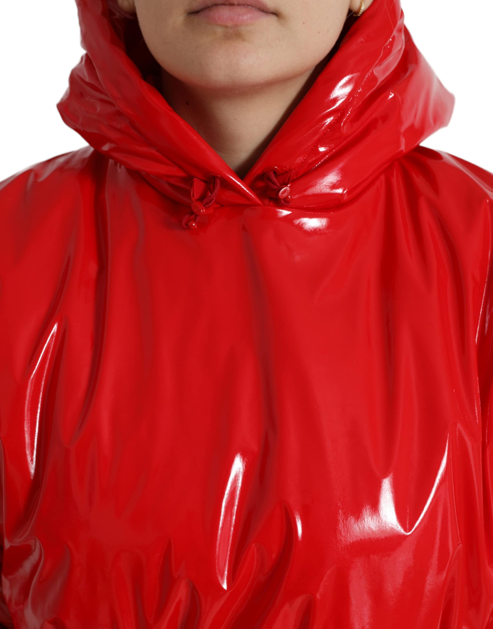 Dolce & Gabbana Shiny Red Hooded Cropped Short Coat Jacket - Image 4