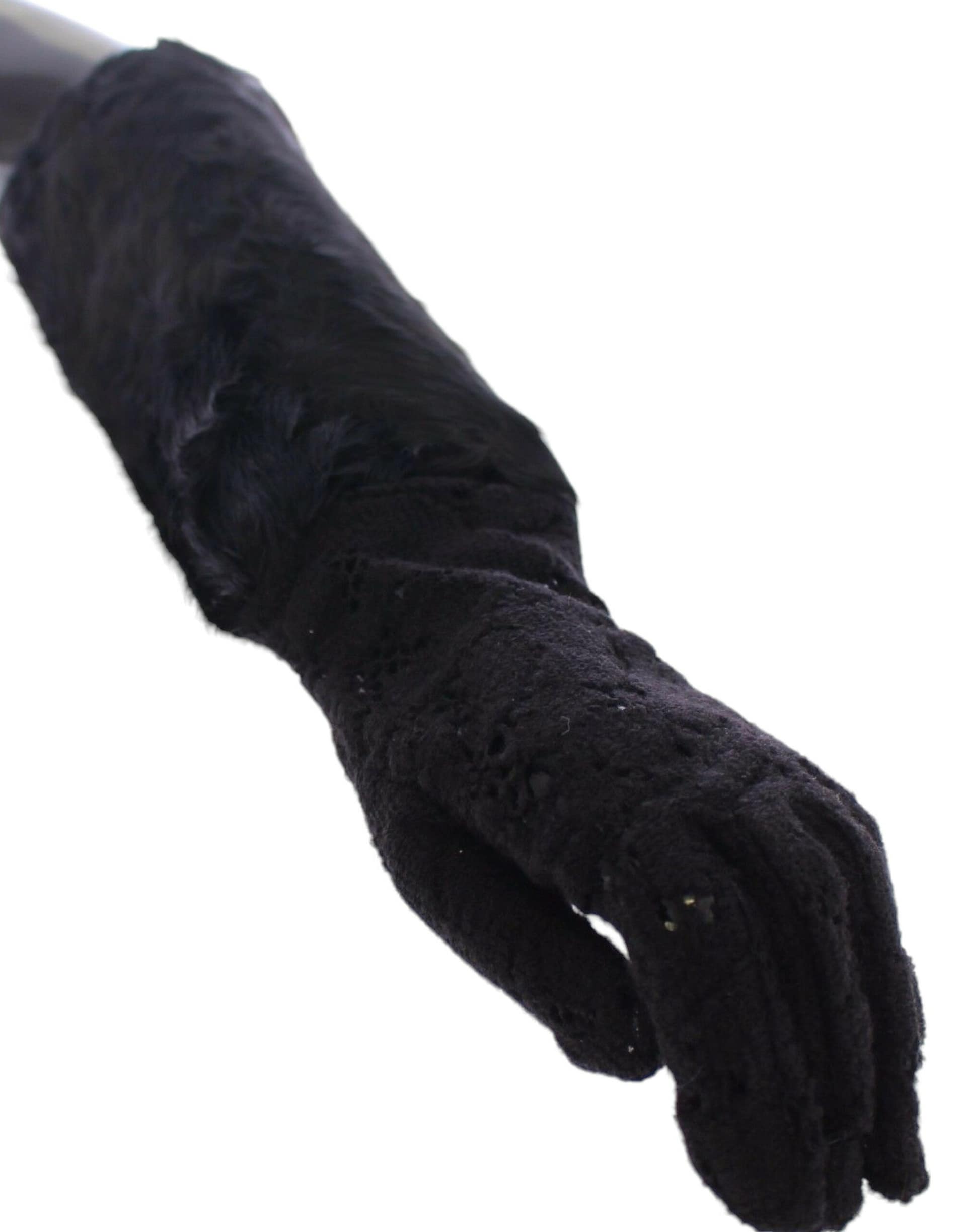 Dolce & Gabbana Black Lace Wool Lambskin Fur Elbow Gloves - Image 5