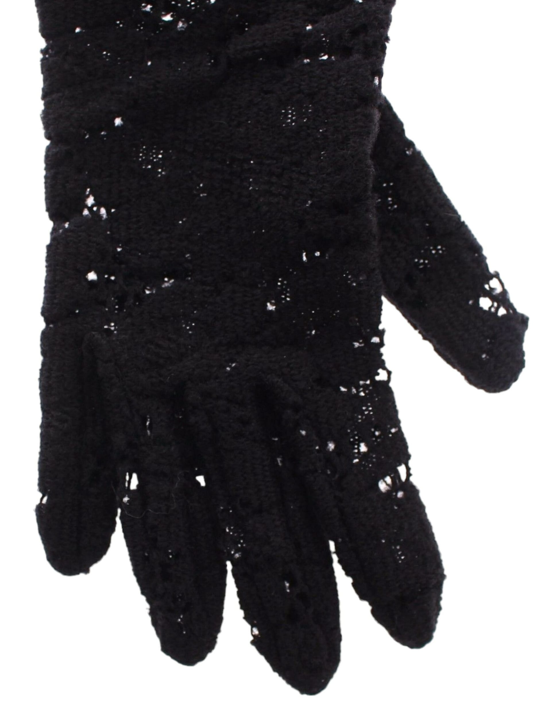 Dolce & Gabbana Black Lace Wool Lambskin Fur Elbow Gloves - Image 4