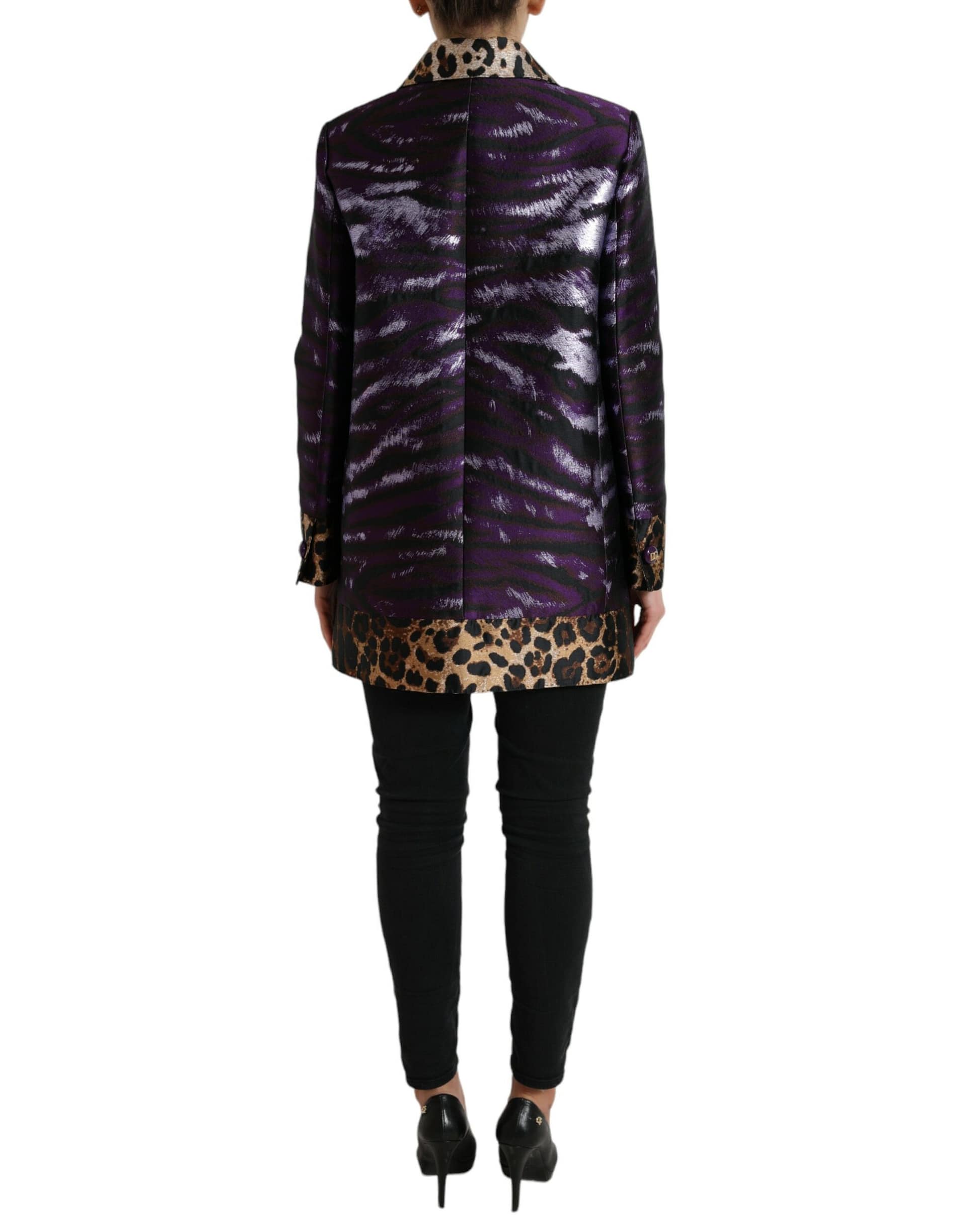 Dolce & Gabbana Purple Lamé Jacquard Tiger Print Coat Jacket - Image 3