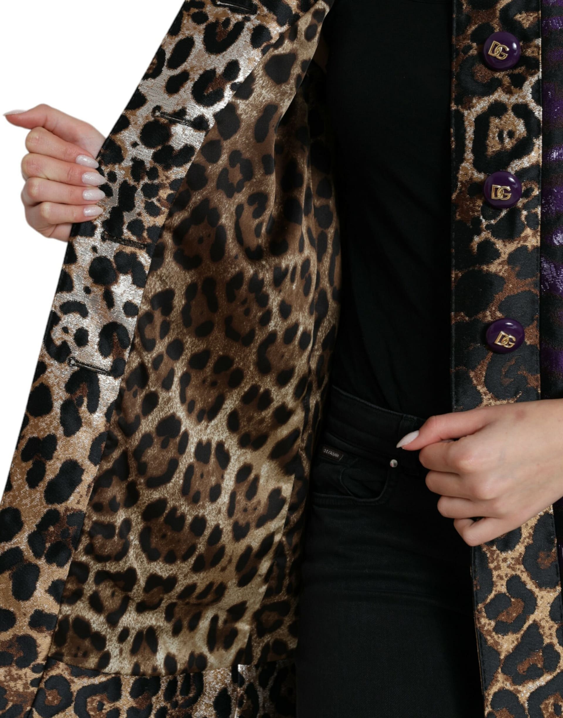 Dolce & Gabbana Purple Lamé Jacquard Tiger Print Coat Jacket - Image 6