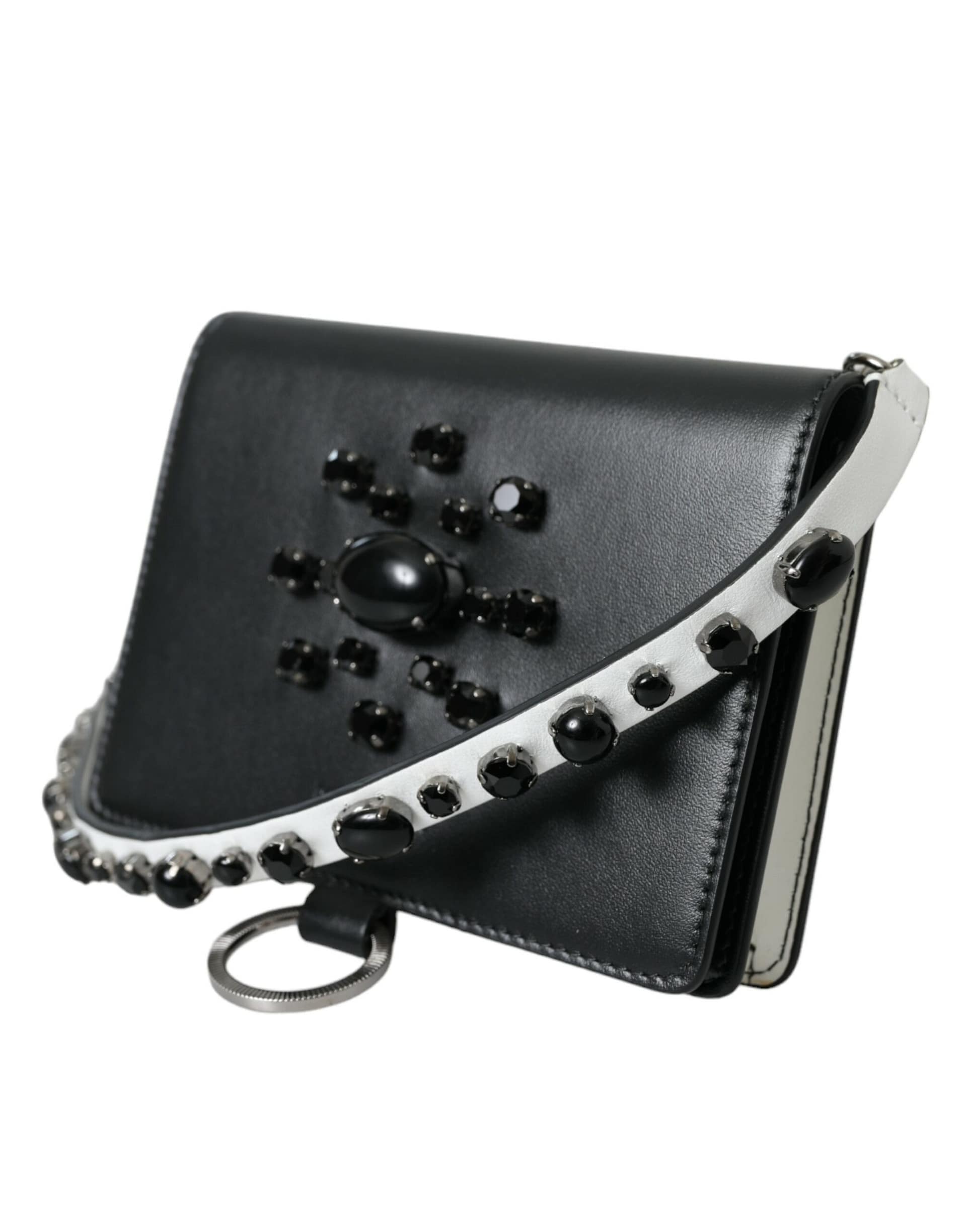 Dolce & Gabbana Black White Leather Crystal Embellished Cardholder Wallet - Image 2