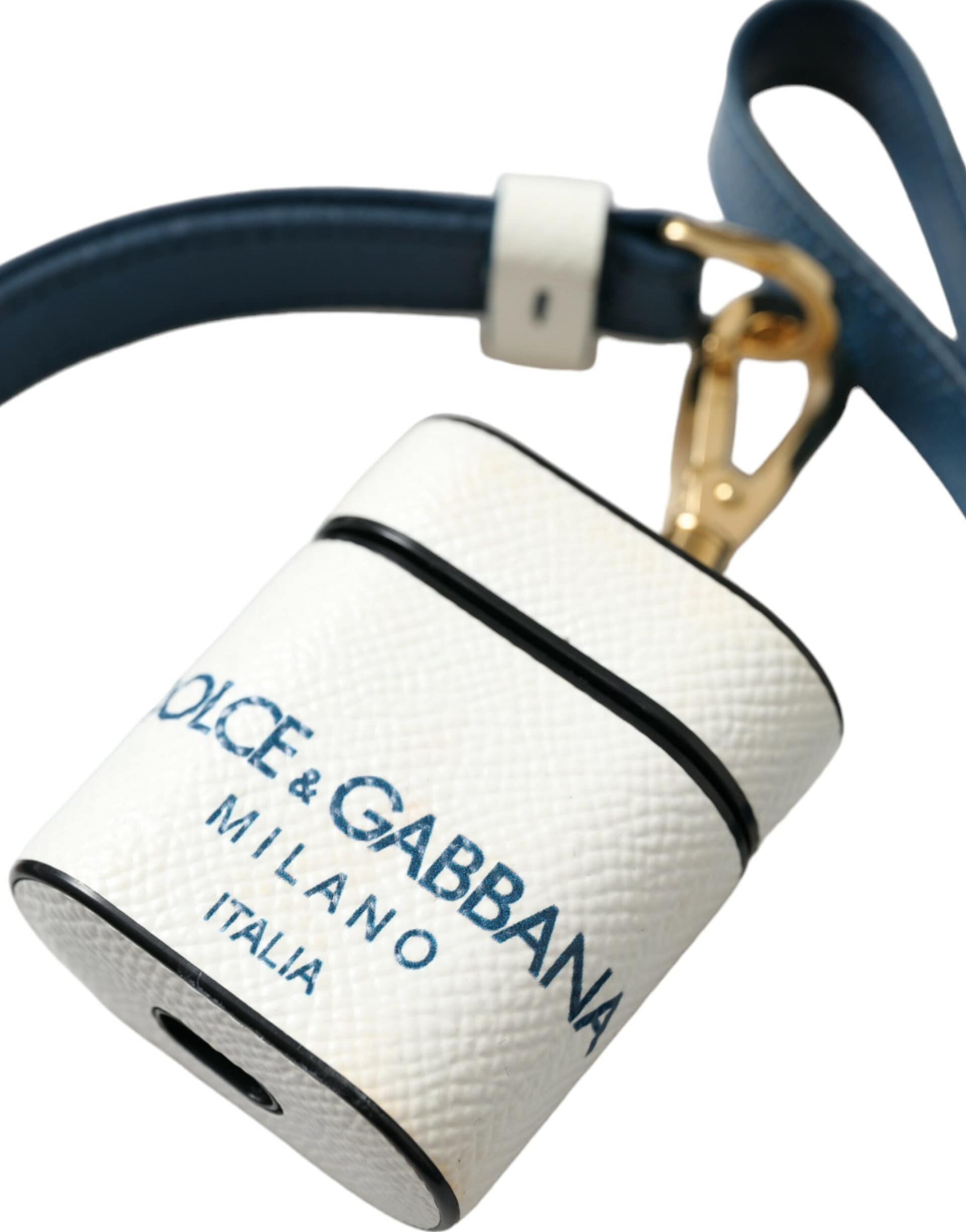 Dolce & Gabbana White Blue Calf Leather Logo Print Strap Airpods Case - Image 3
