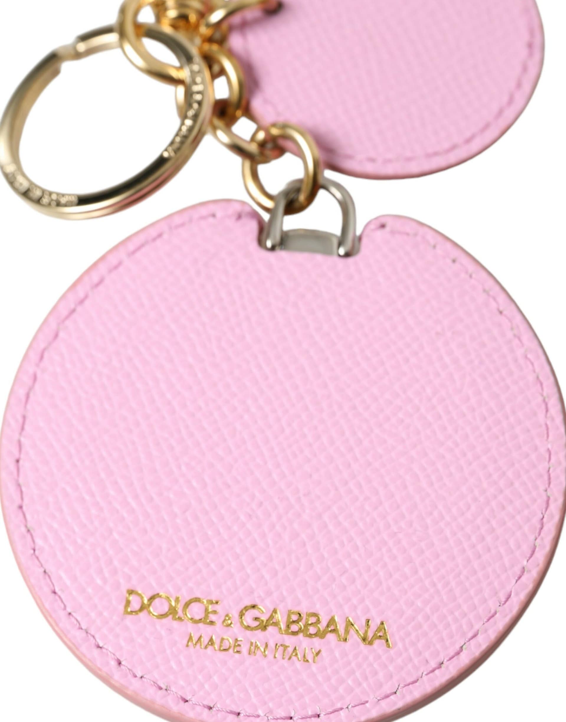 Dolce & Gabbana Pink Calf Leather Gold Metal Logo Print Keyring Keychain - Image 3