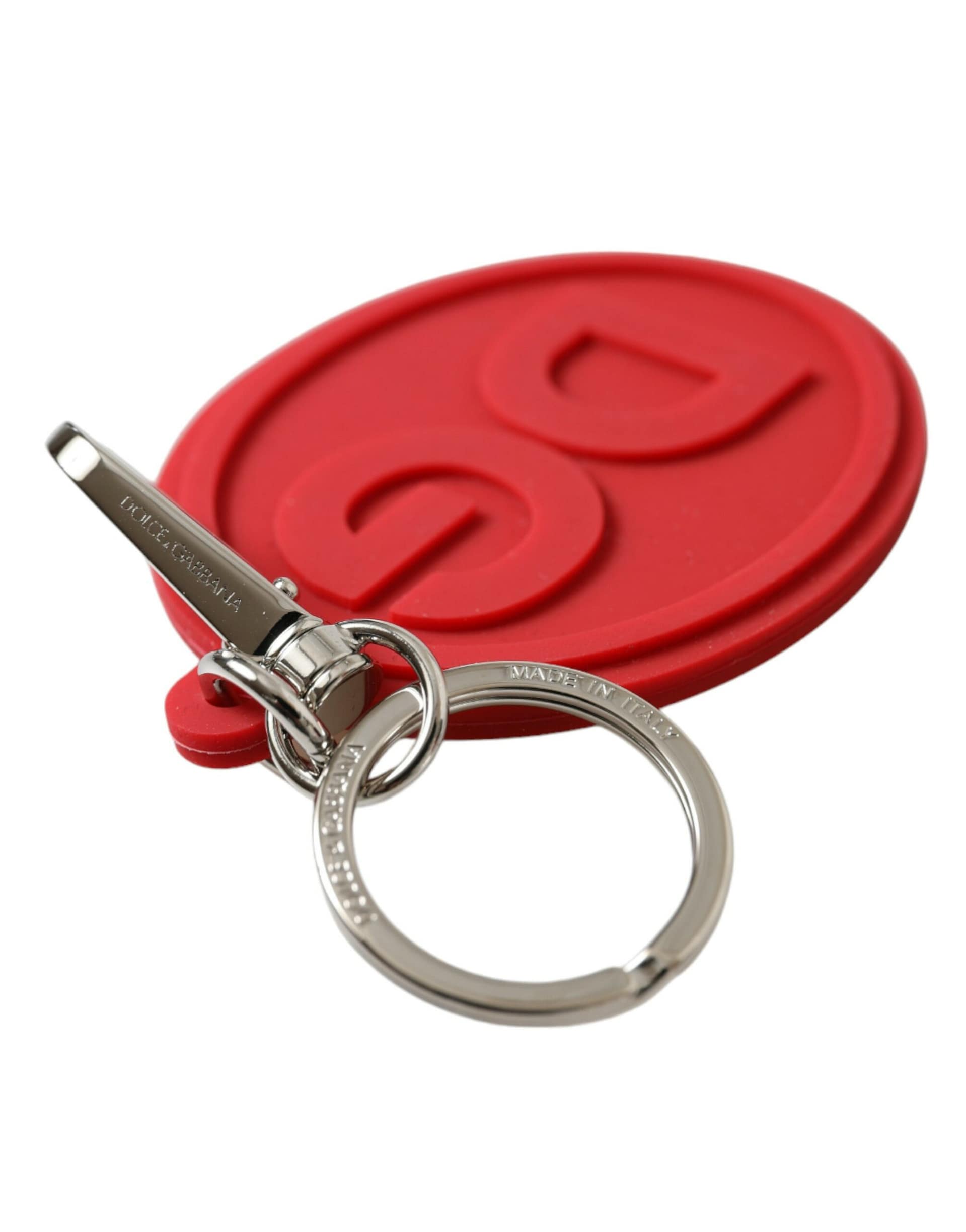 Dolce & Gabbana Red Rubber DG Logo Silver Brass Metal Keyring Keychain - Image 4