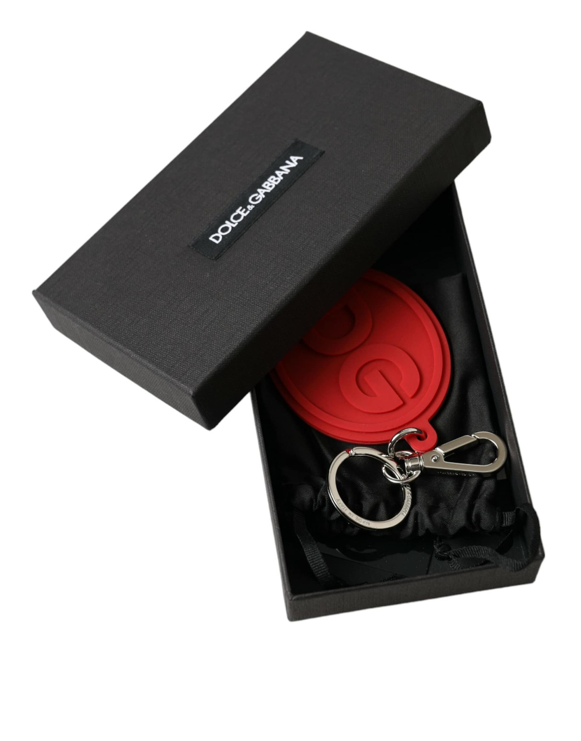 Dolce & Gabbana Red Rubber DG Logo Silver Brass Metal Keyring Keychain - Image 5