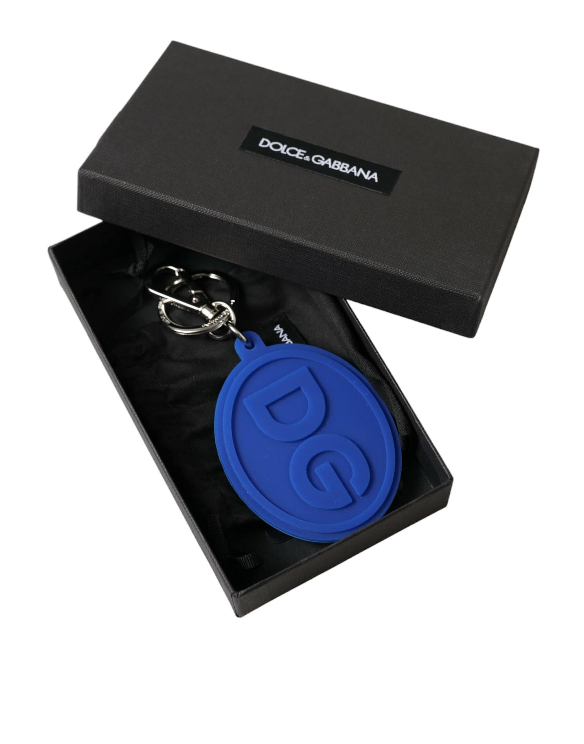 Dolce & Gabbana Blue Rubber DG Logo Silver Brass Metal Keyring Keychain - Image 4