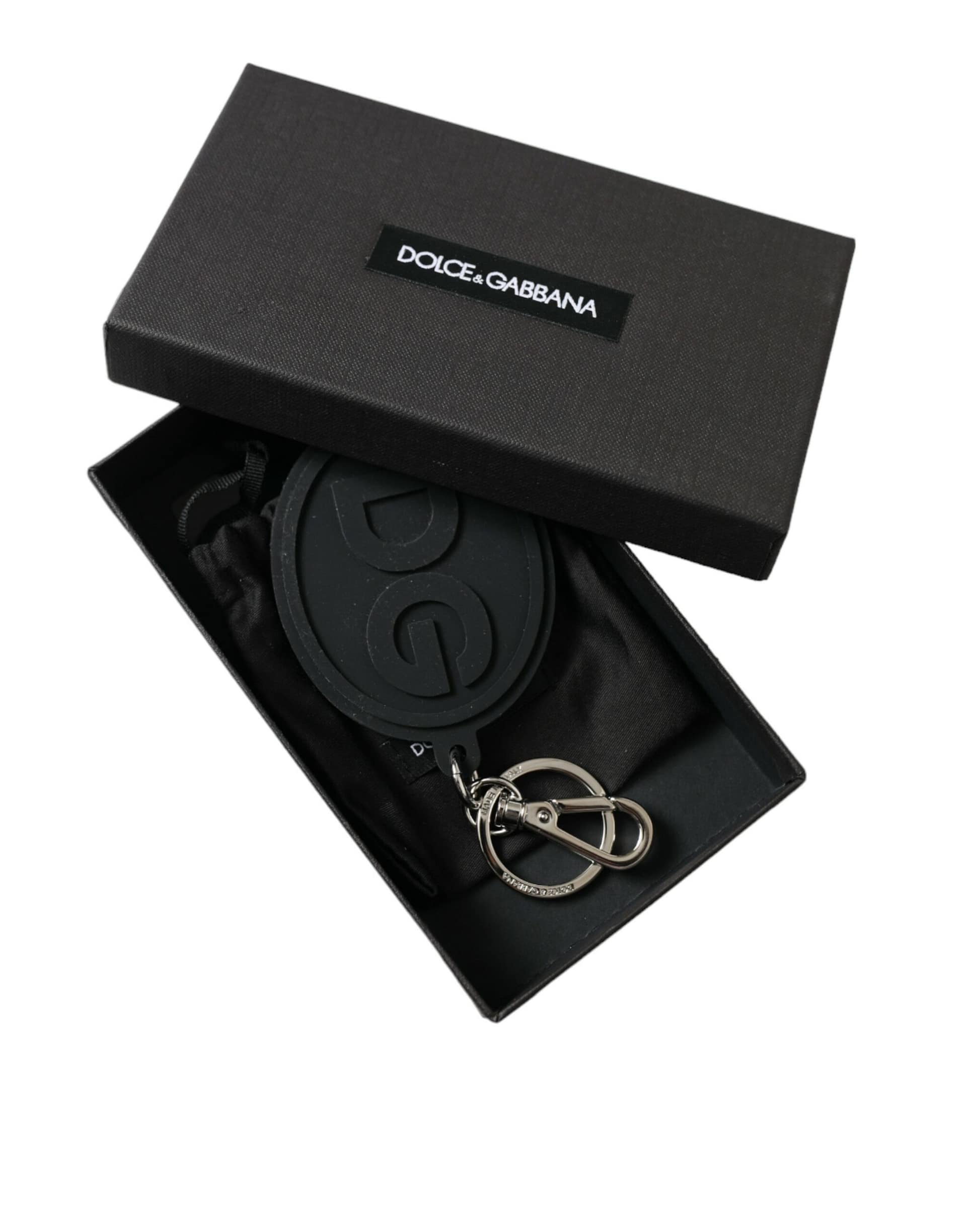 Dolce & Gabbana Black Rubber DG Logo Silver Brass Metal Keyring Keychain - Image 4