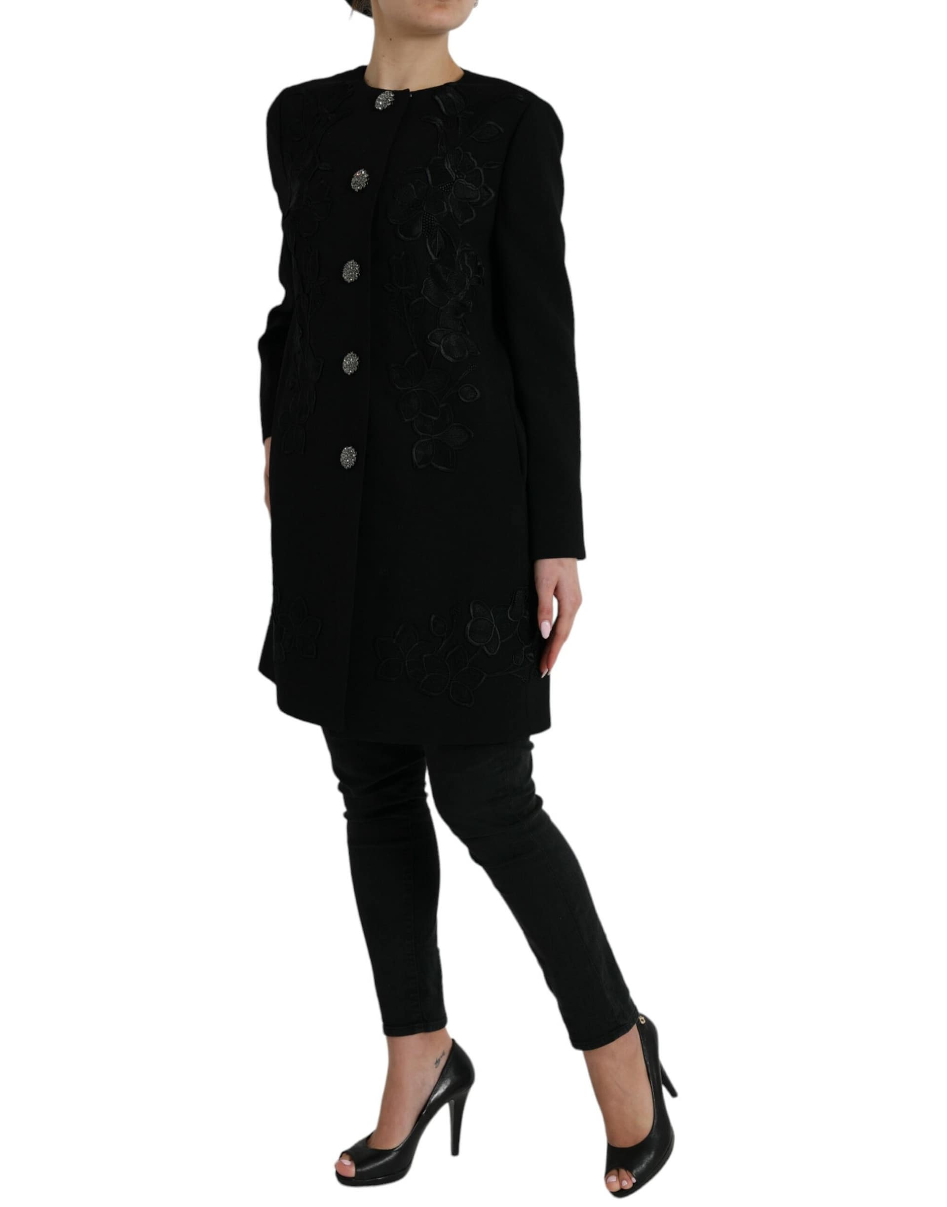 Dolce & Gabbana Black Floral Wool Button Embellished Jacket - Image 2