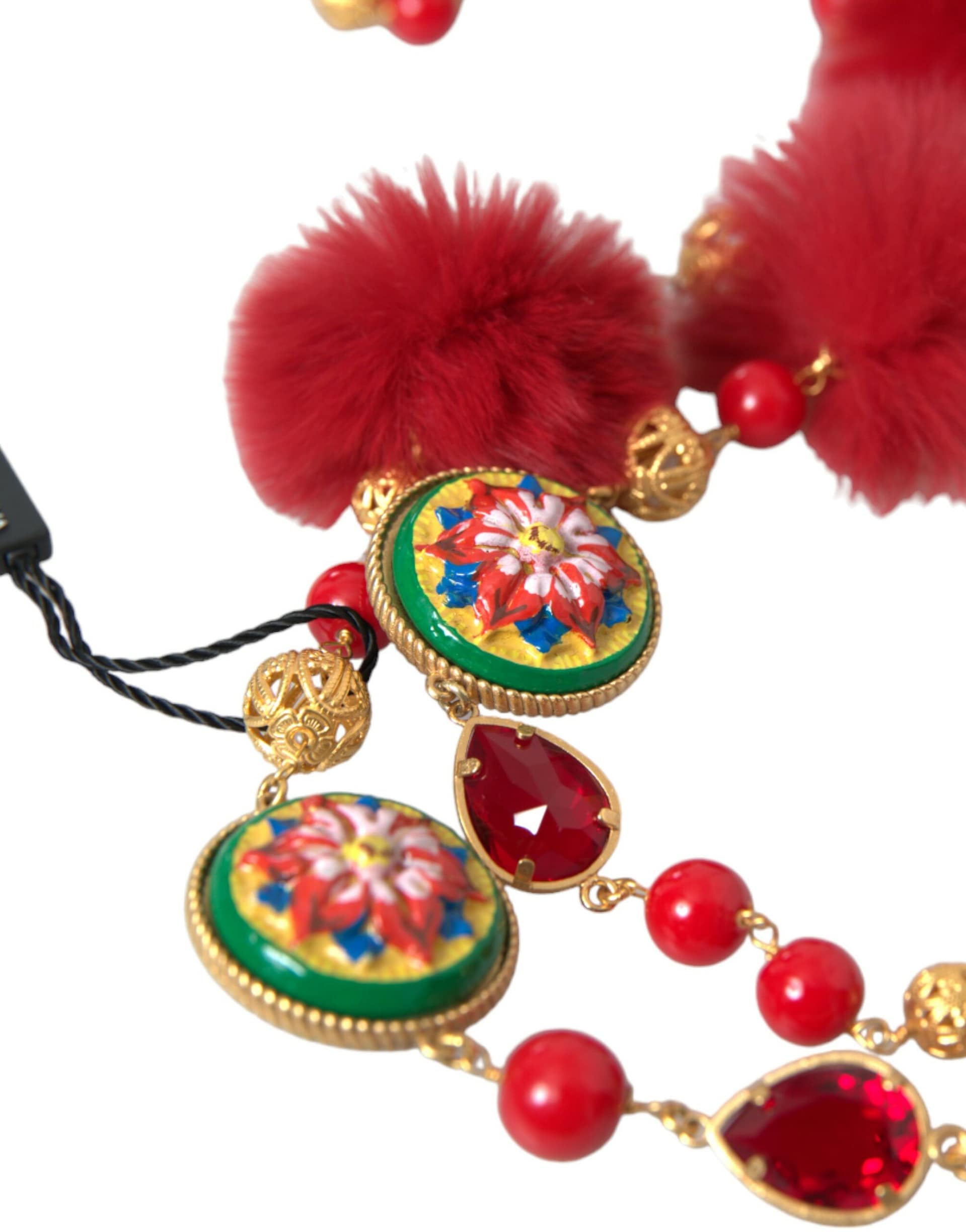 Dolce & Gabbana Gold Brass Red Fur Crystal Carretto Chain Necklace - Image 3