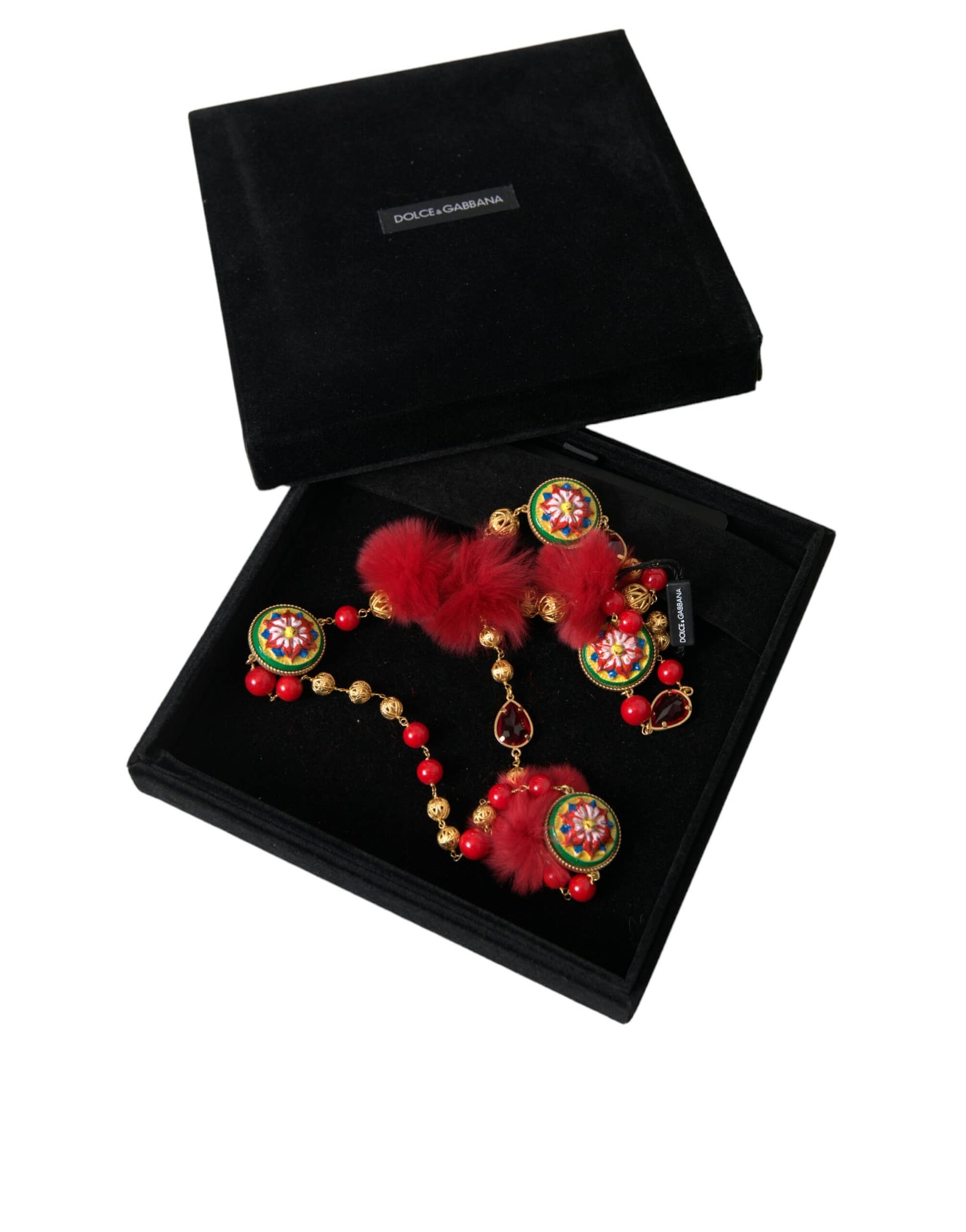 Dolce & Gabbana Gold Brass Red Fur Crystal Carretto Chain Necklace - Image 5