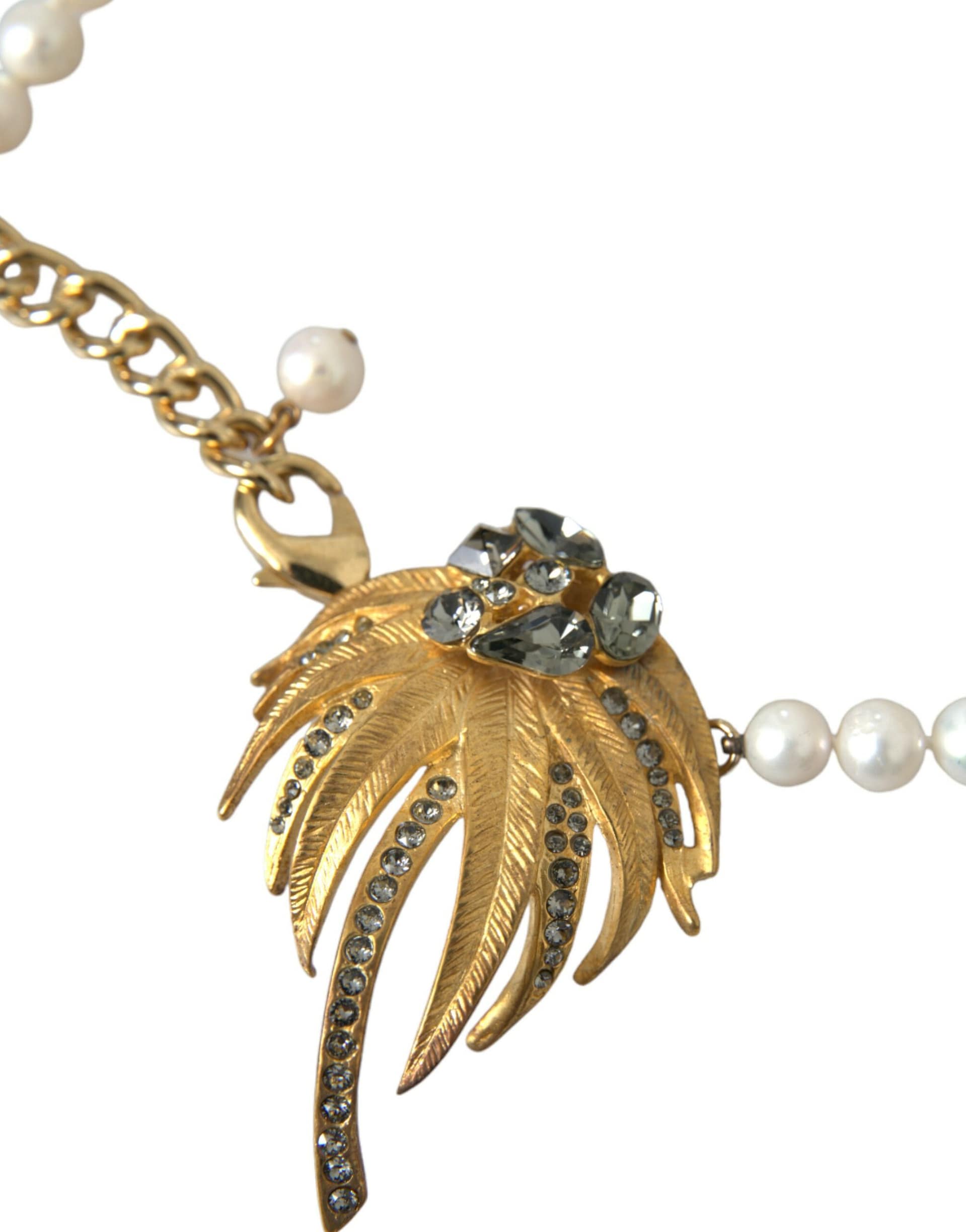 Dolce & Gabbana Gold Brass Crystal Pearl Tree Pendant Charm Necklace - Image 2