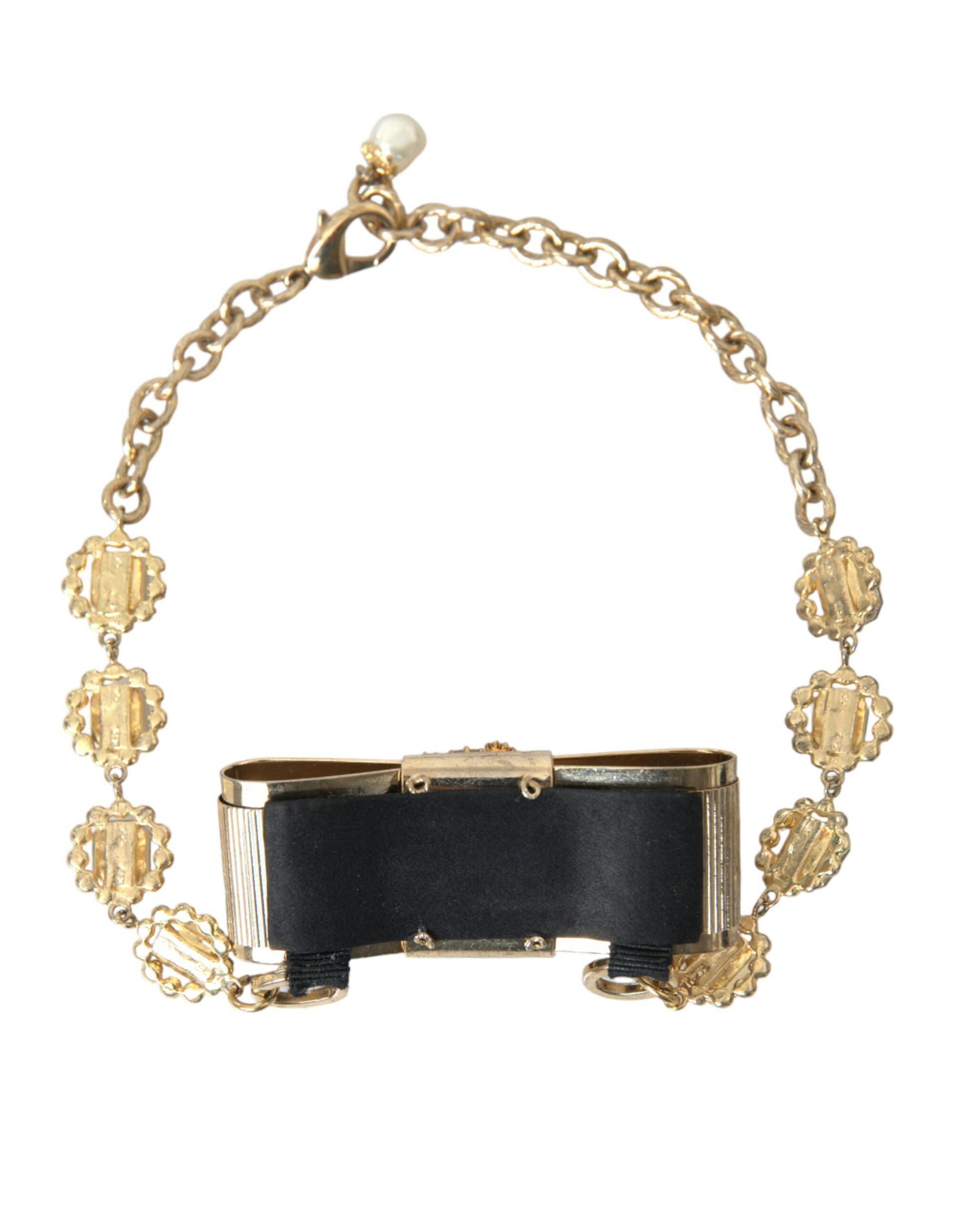 Dolce & Gabbana Gold Brass Clear Crystal Bow Chain Choker Necklace - Image 4