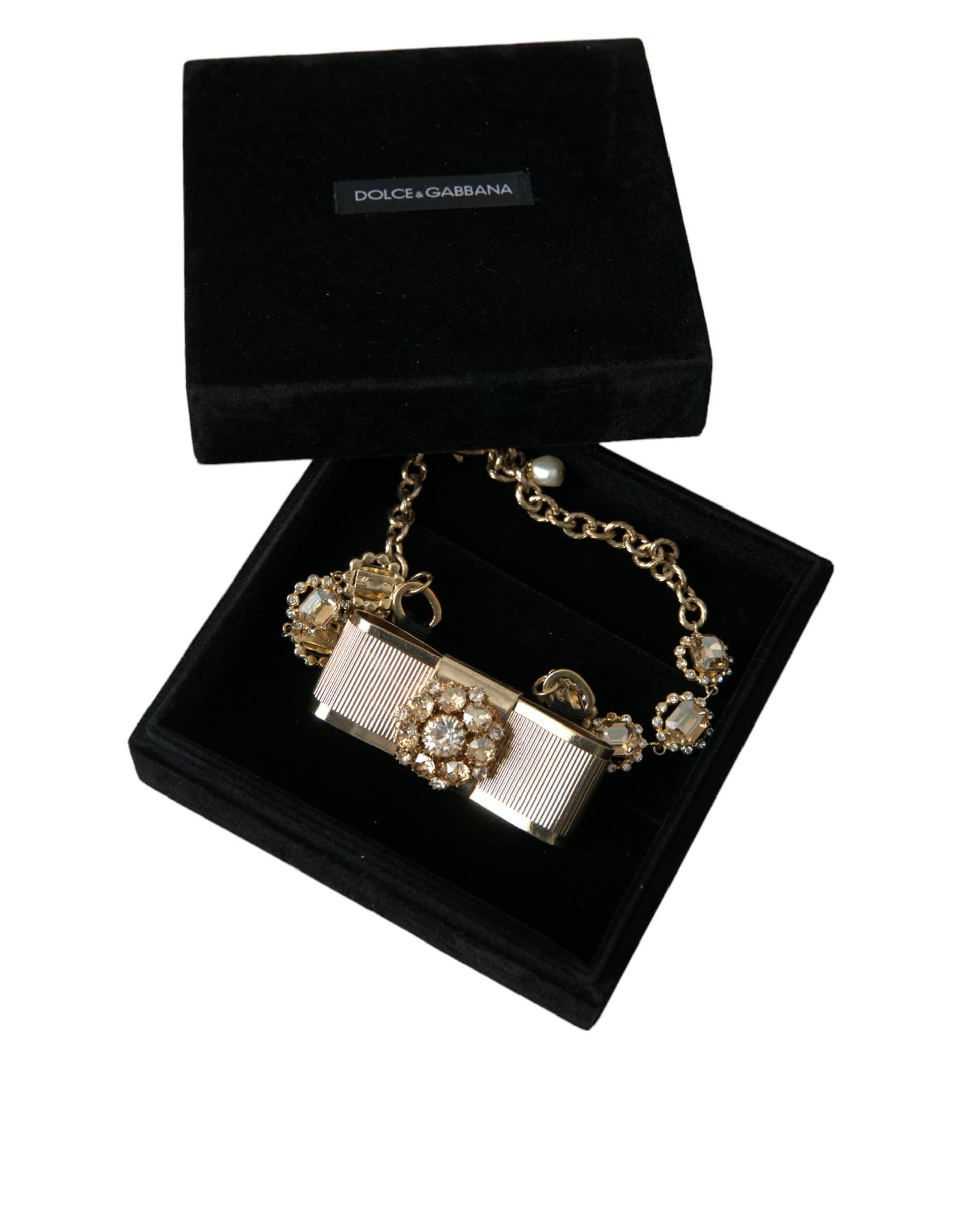 Dolce & Gabbana Gold Brass Clear Crystal Bow Chain Choker Necklace - Image 7