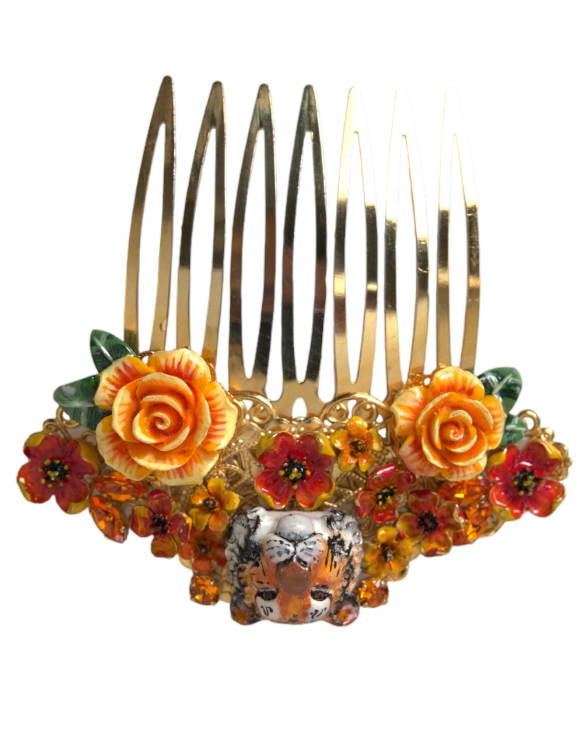 Dolce & Gabbana Gold Brass Crystal Leopard Floral Hair Comb - Image 2